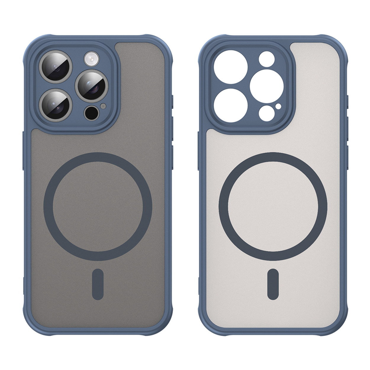 Deux coques de téléphone à bordures bleues, une grise, une blanche. Les deux ont un cercle et un signe moins.