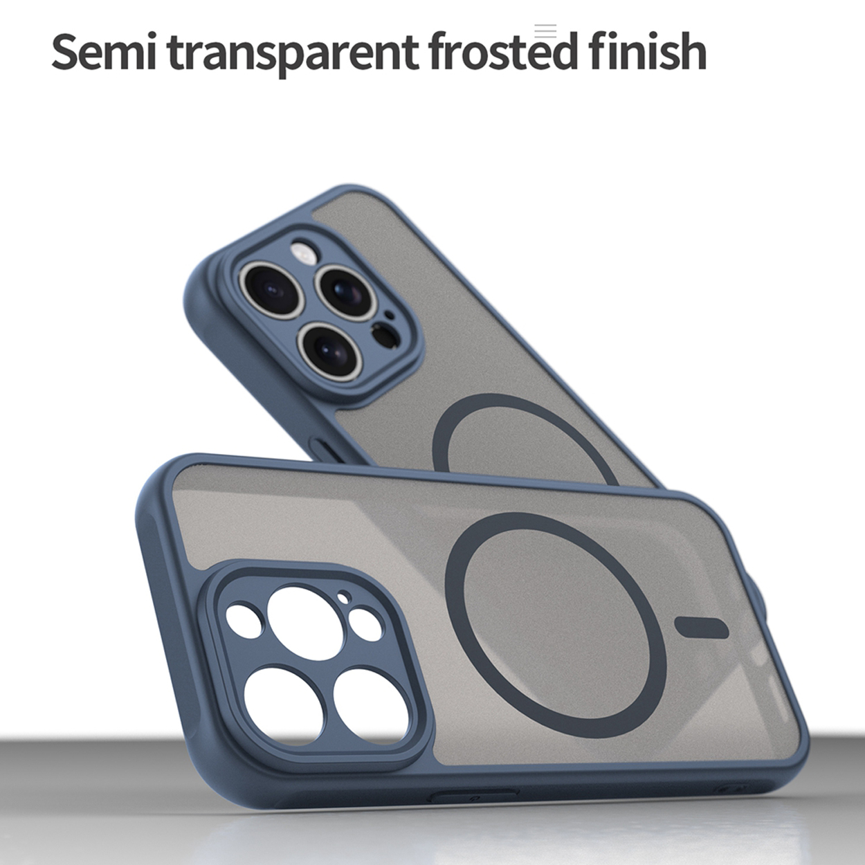 Deux étuis de téléphone bleus avec une finition givrée semi-transparente sont empilés l'un sur l'autre.
