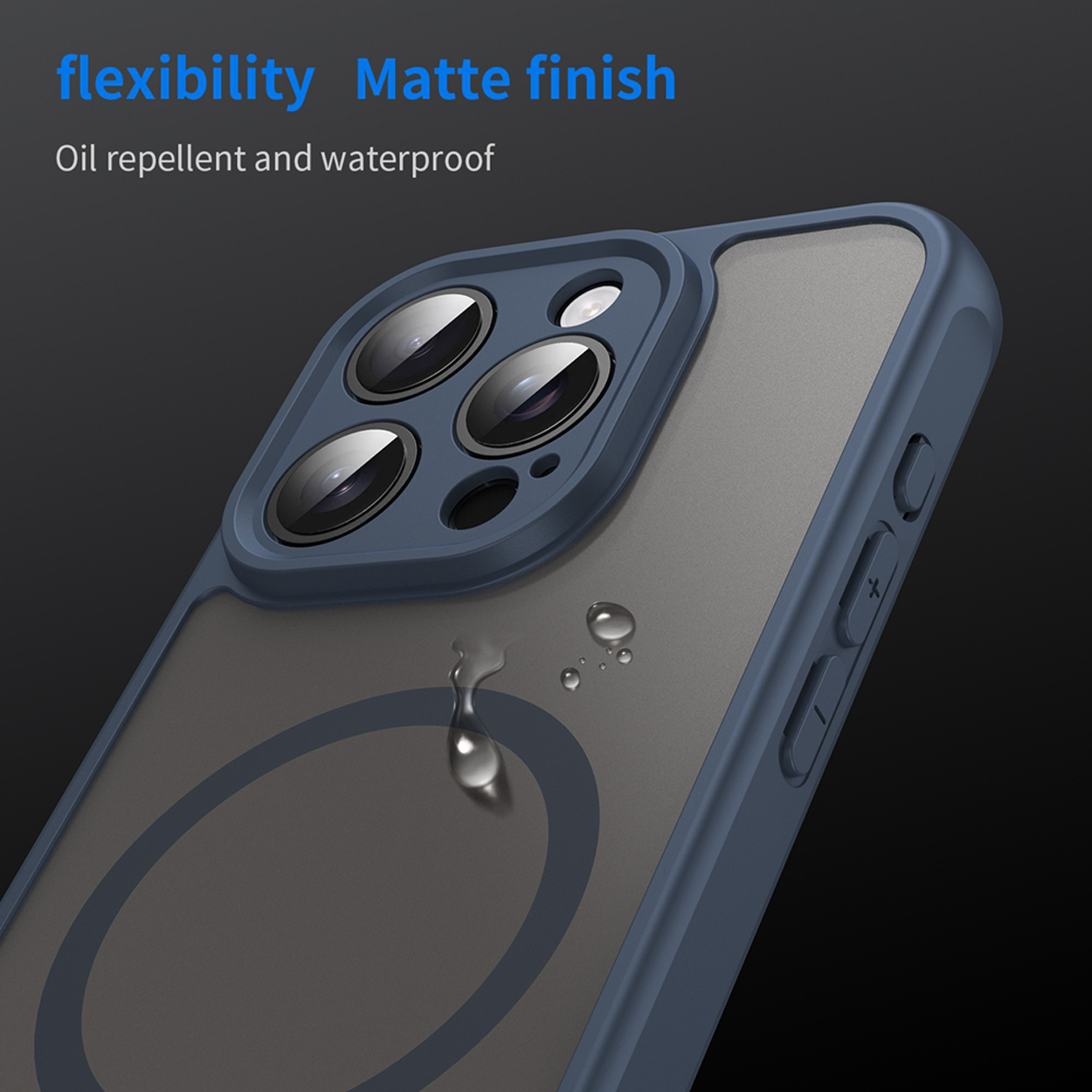 Coque de téléphone avec des gouttes d'eau. La coque est bleue avec protection de caméra noire, finition mate et flexibilité.