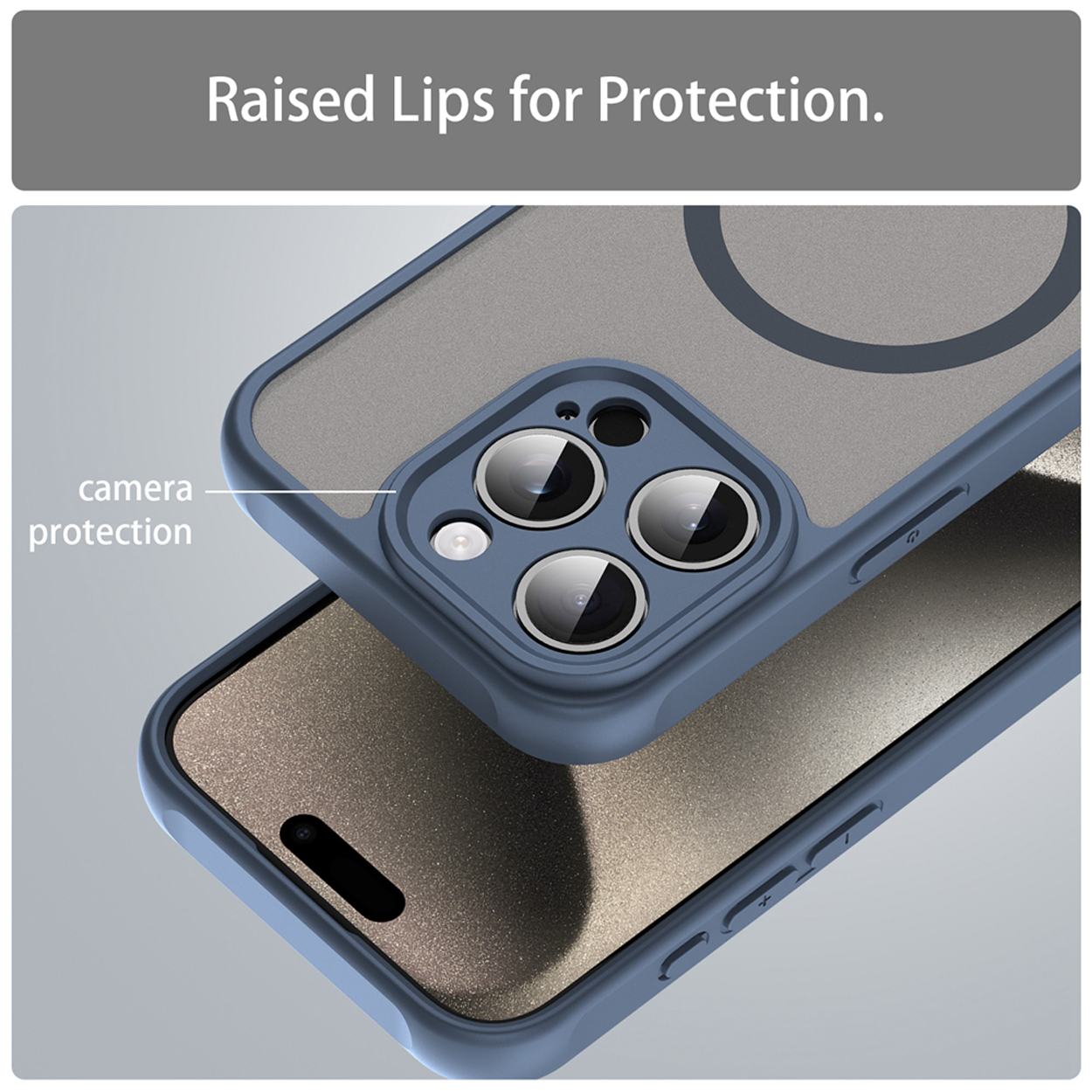 Gros plan d'une coque de téléphone bleue. Les bords surélevés protègent la caméra. La coque est sur un téléphone et légèrement inclinée.