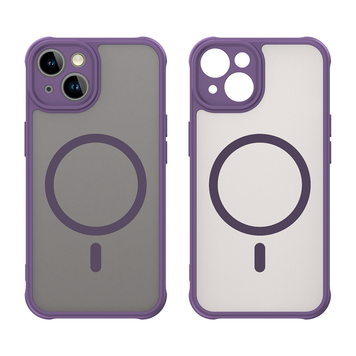 Twee telefoonhoesjes, paars frame, matte achterkant met cirkelontwerp en een transparante voorkant.