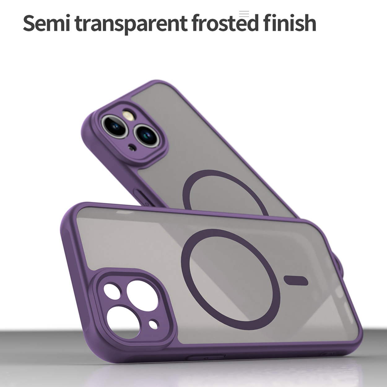 Twee paarse telefoonhoesjes. Het bovenste hoesje is schuin. Beide zijn semi-transparant met een matte afwerking. Elk heeft een cirkelvormig ontwerp.