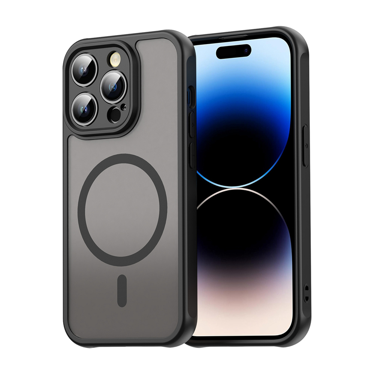 Twee telefoonhoesjes. Eén hoesje aan de rechterkant en de andere aan de linkerkant. Beide zijn zwart met een cirkelvormig ontwerp in het midden.