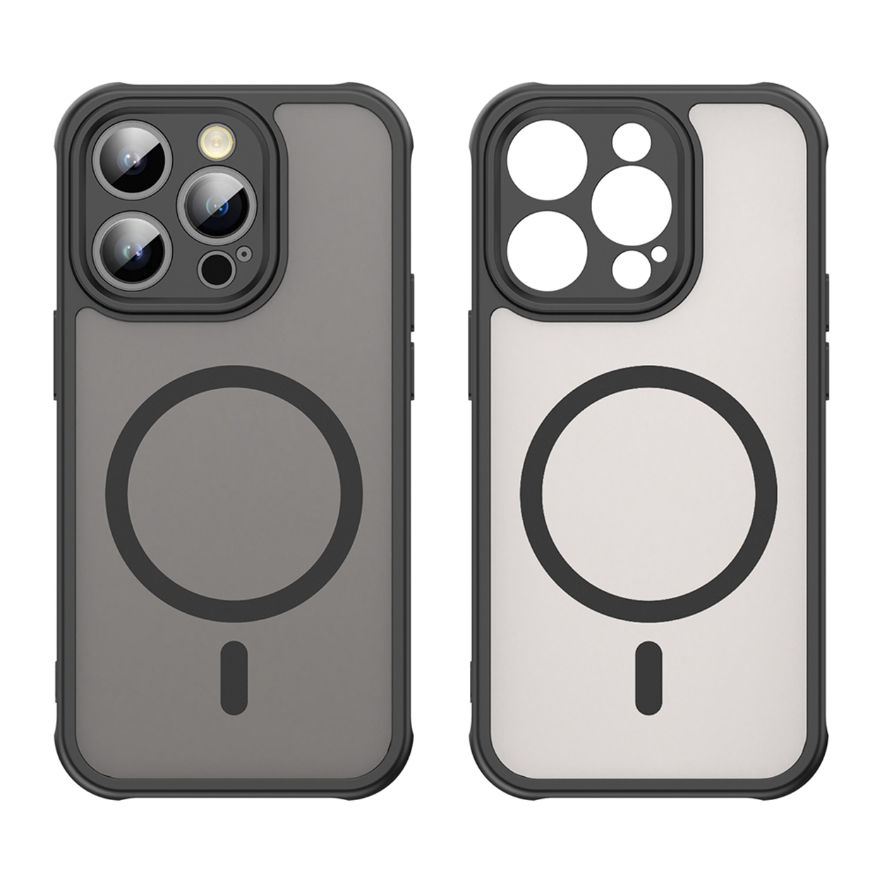 Twee telefoonhoesjes. Eén is donkergrijs, de andere wit. Beide hebben zwarte camera- en MagSafe-ringen.
