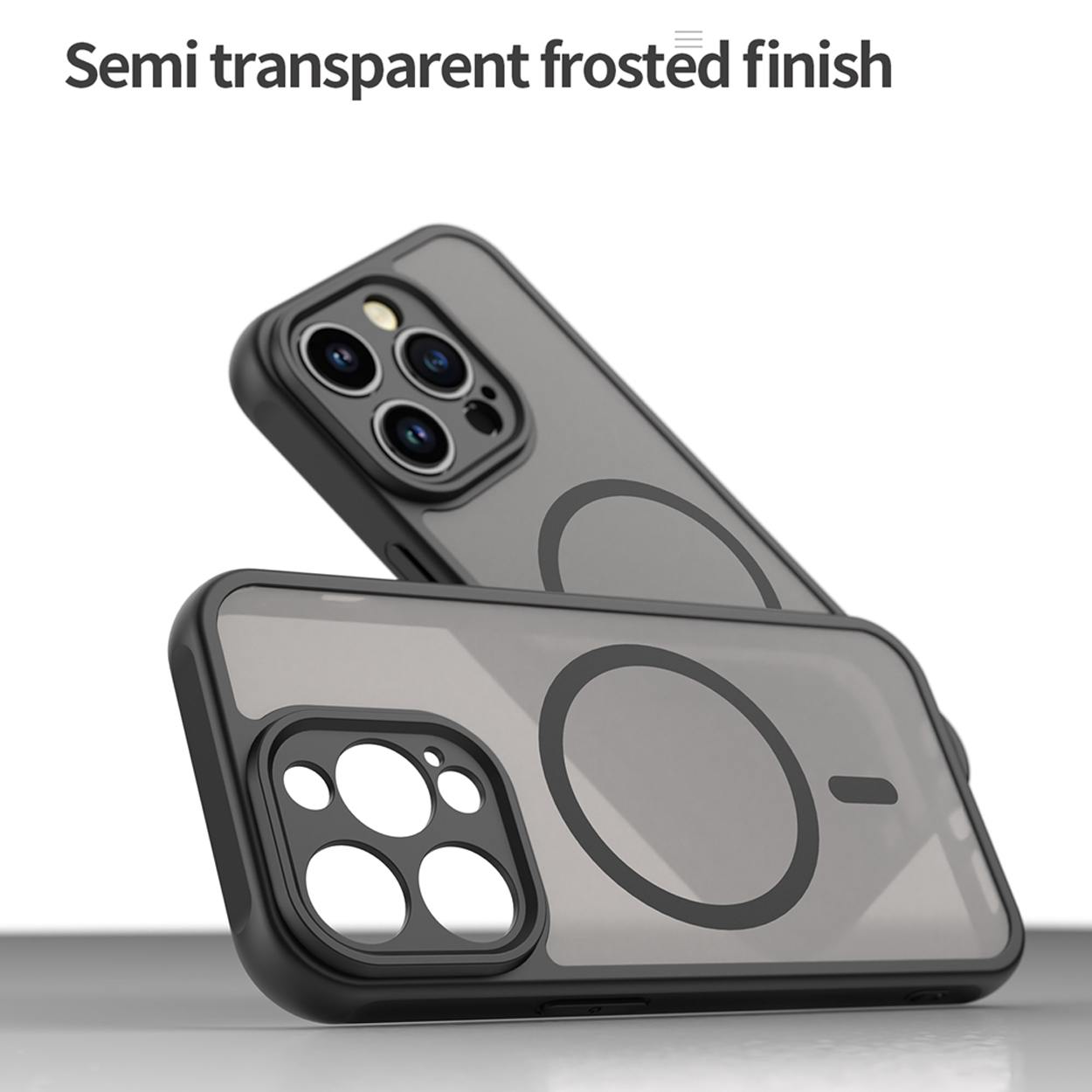 Twee telefoonhoesjes met een zwart frame, semi-transparante matte achterkant en een cirkelvormig ontwerp.