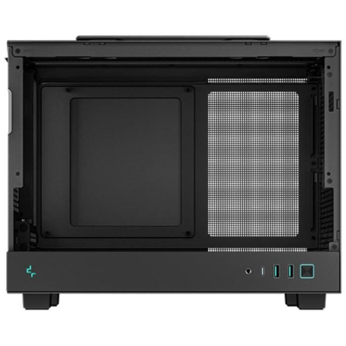 Zwarte computerkast, vooraanzicht met mesh en solide panelen. Heeft aan/uit- en resetknoppen.