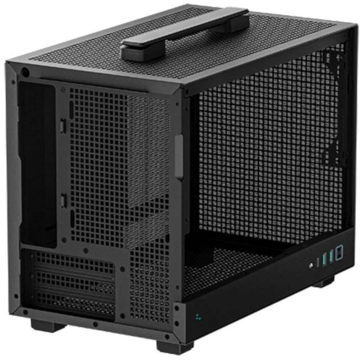 Een zwarte computerkast, rechthoekig met een handvat. De kast heeft mesh panelen aan de zijkant.