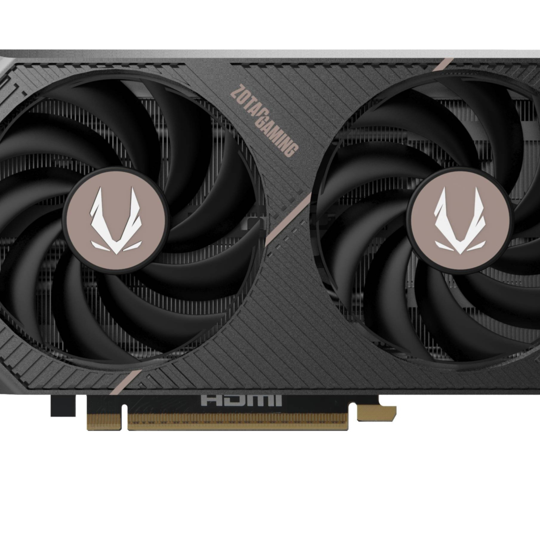 Grafikkarte mit zwei Lüftern. Schwarz und grau mit ZOTAC GAMING Logo. Verfügt über einen HDMI-Anschluss.