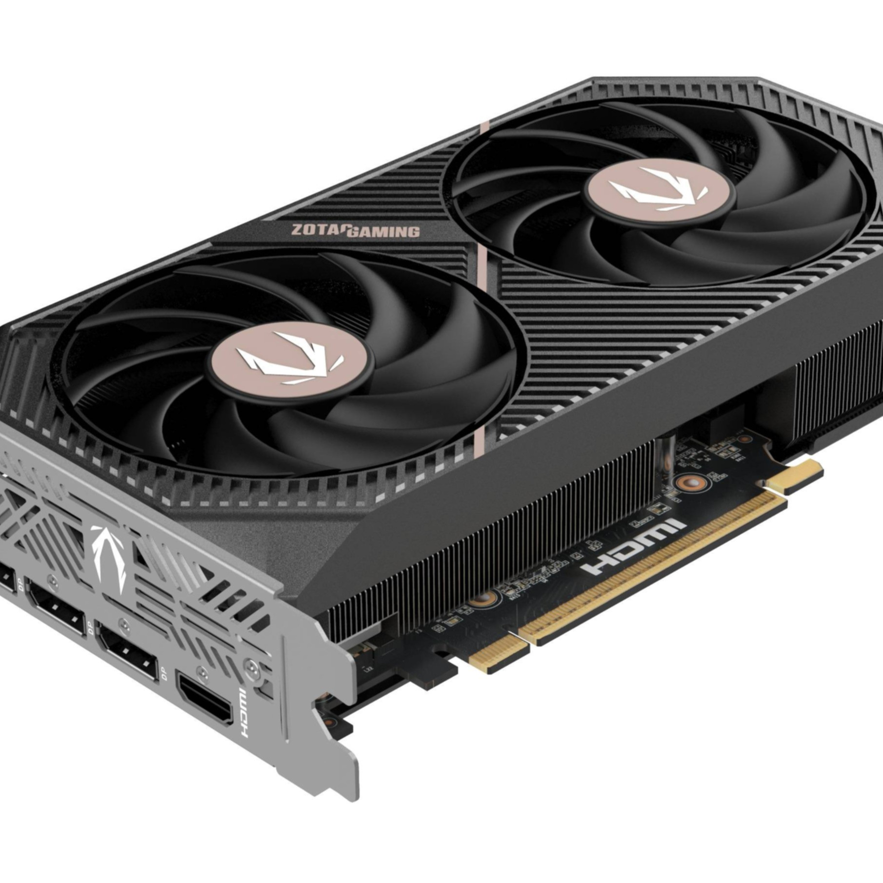 Eine ZOTAC Gaming Grafikkarte mit schwarzen Lüftern, silbernem Gehäuse und goldenen Anschlüssen. Mit ZOTAC-Logo.