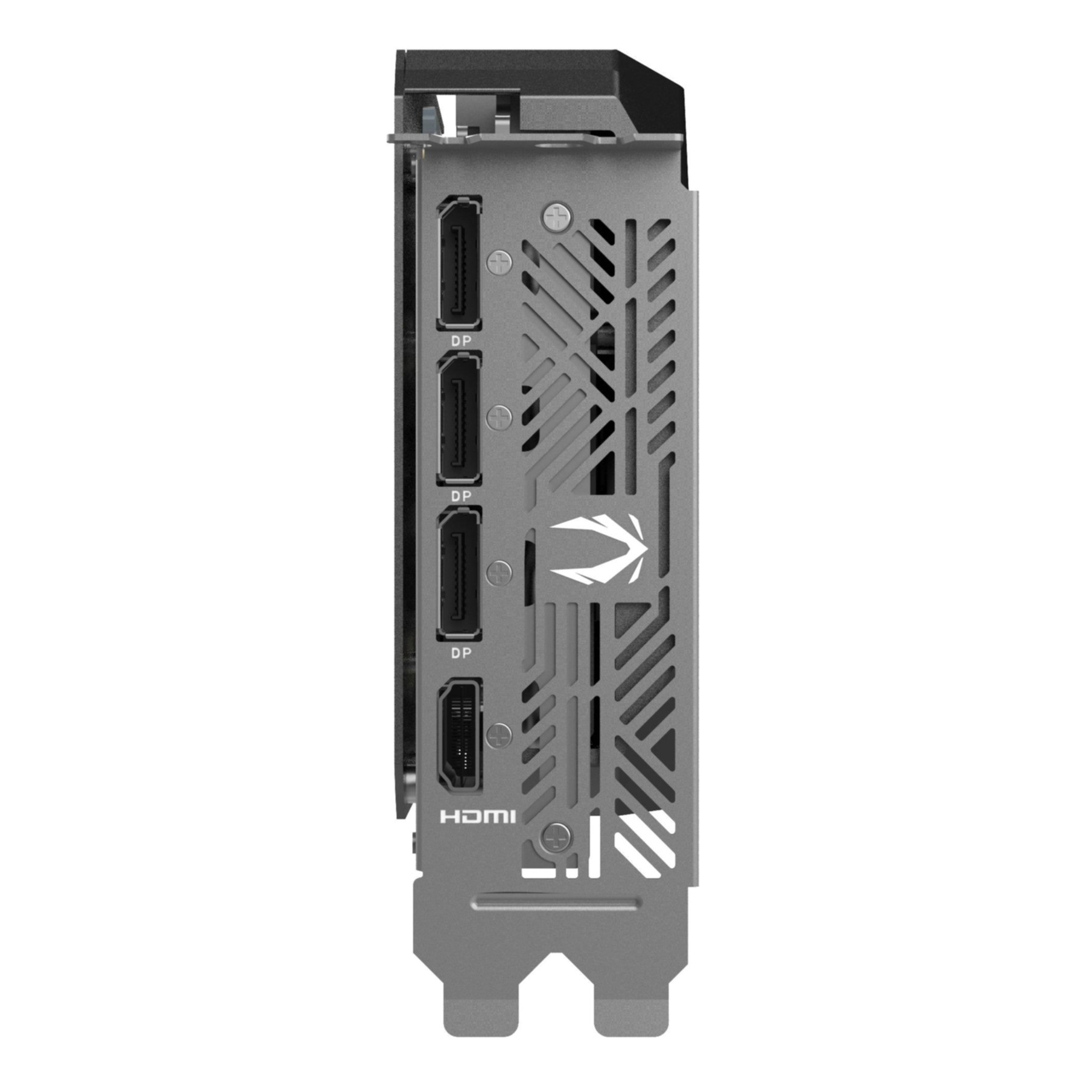 Grafikkarte Seitenansicht. Silbermetall mit schwarzen Anschlüssen und Zotac-Logo. Hat drei Display-Ports.