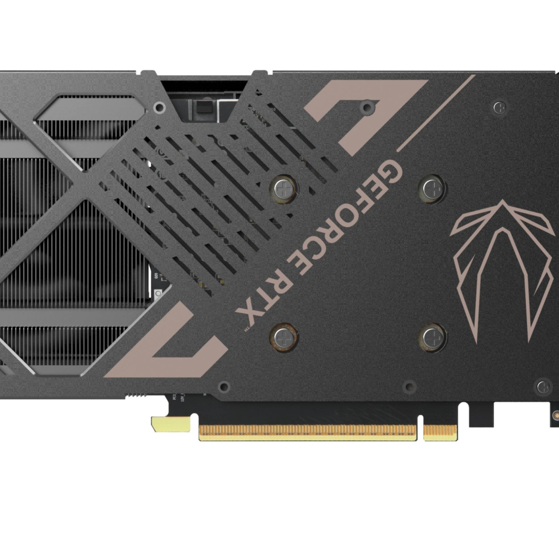 Grafikkartendetail, schwarz und grau mit GeForce RTX. Zotac-Logo und goldfarbene Akzente. Hat einen HDMI-Anschluss.