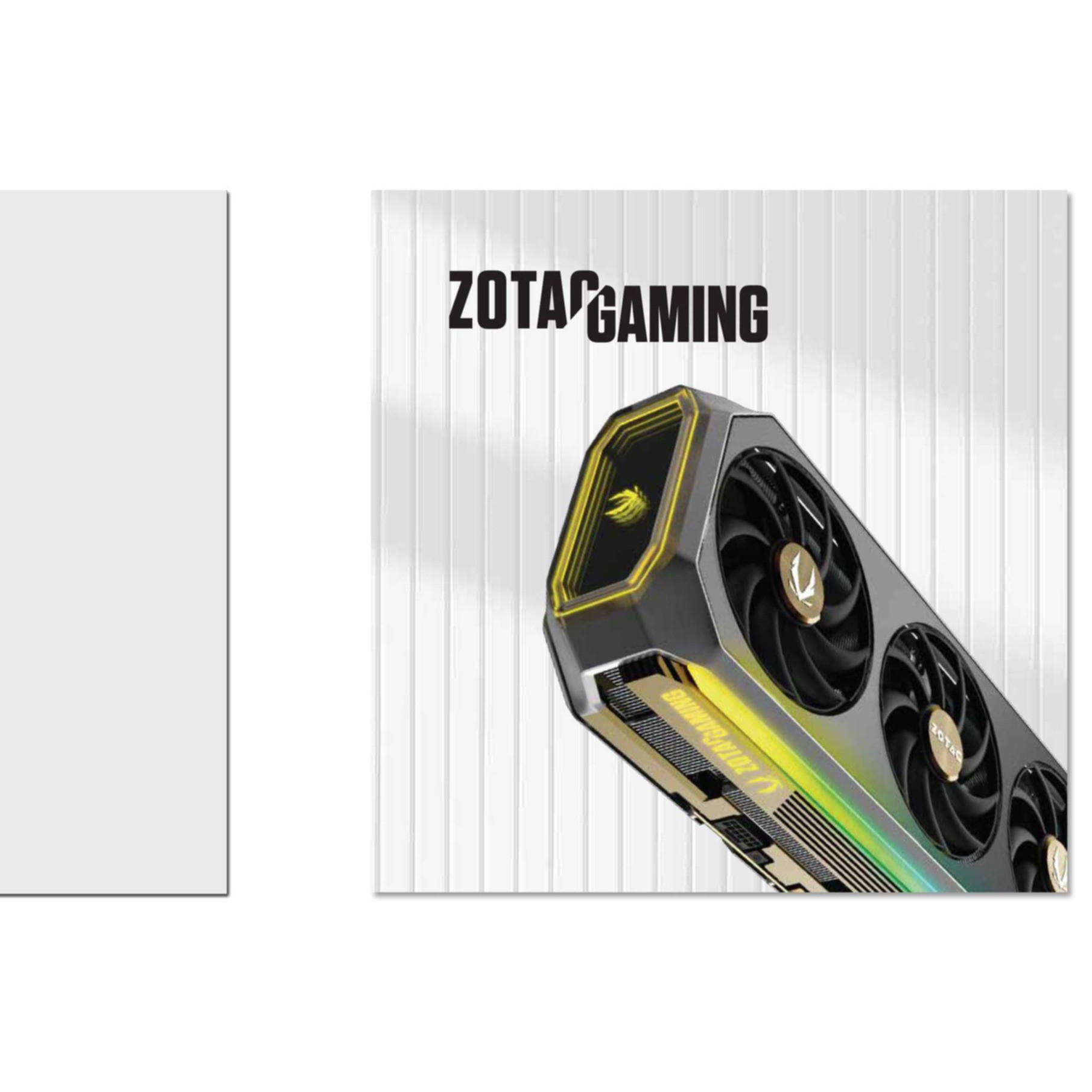 Grafikkarte mit ZOTAC GAMING Logo, Schrägansicht. Hat drei Lüfter und ein schwarz-goldenes Design.