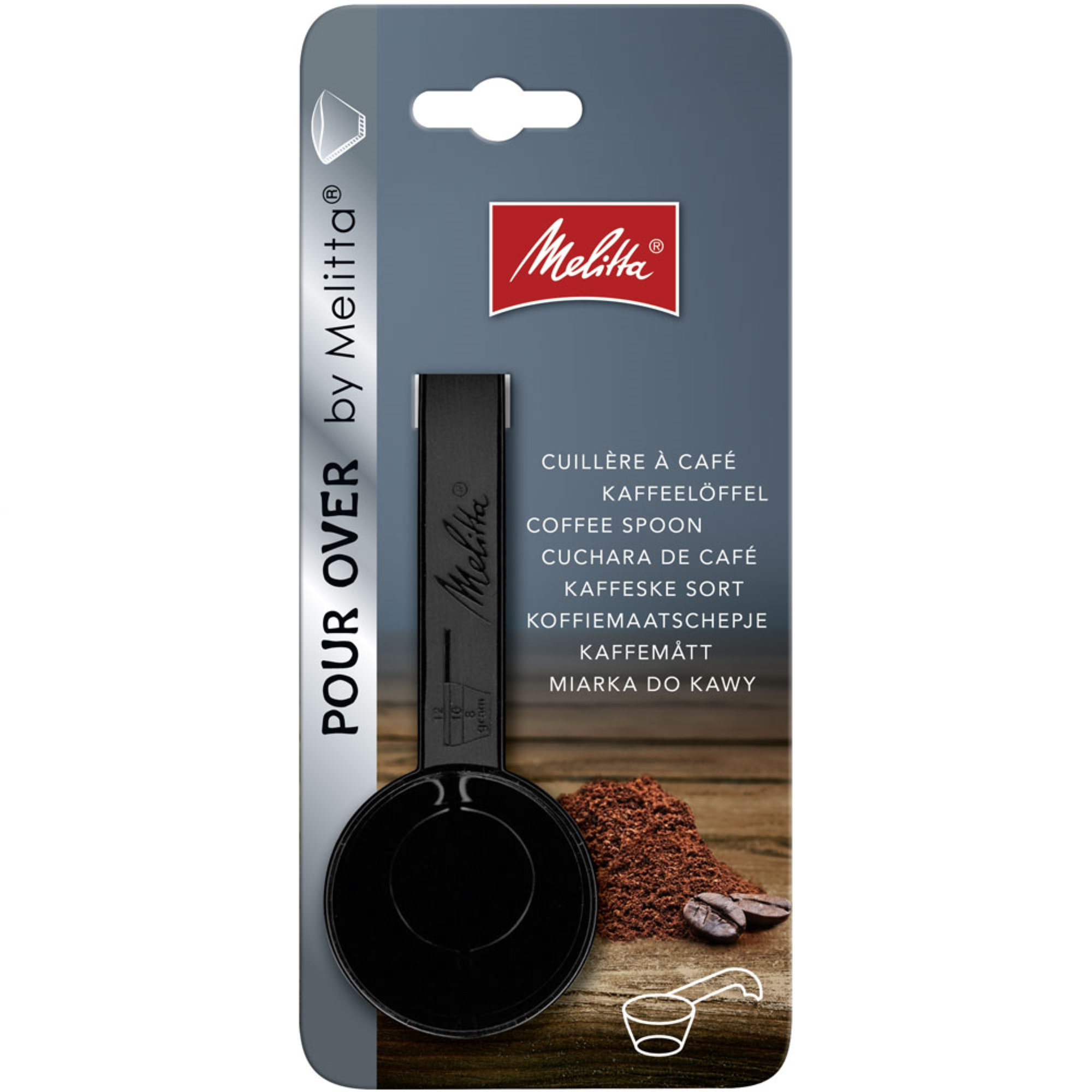 Schwarzer Kaffeelöffel mit Melitta-Logo und Kaffeemehl mit Bohnen.