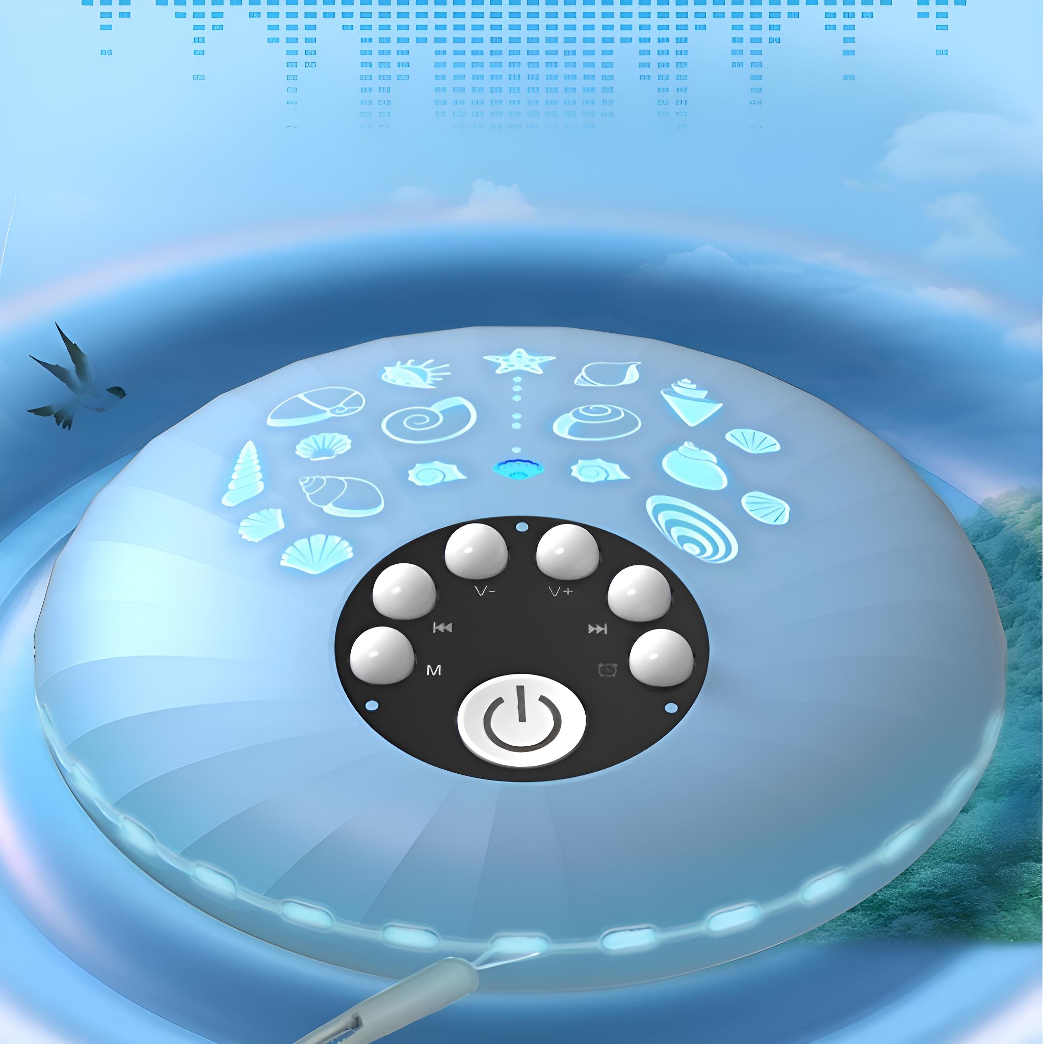 Ein blaues Audiogerät mit Muscheldesign und Bedienelementen. Im Hintergrund fliegt eine Möwe.