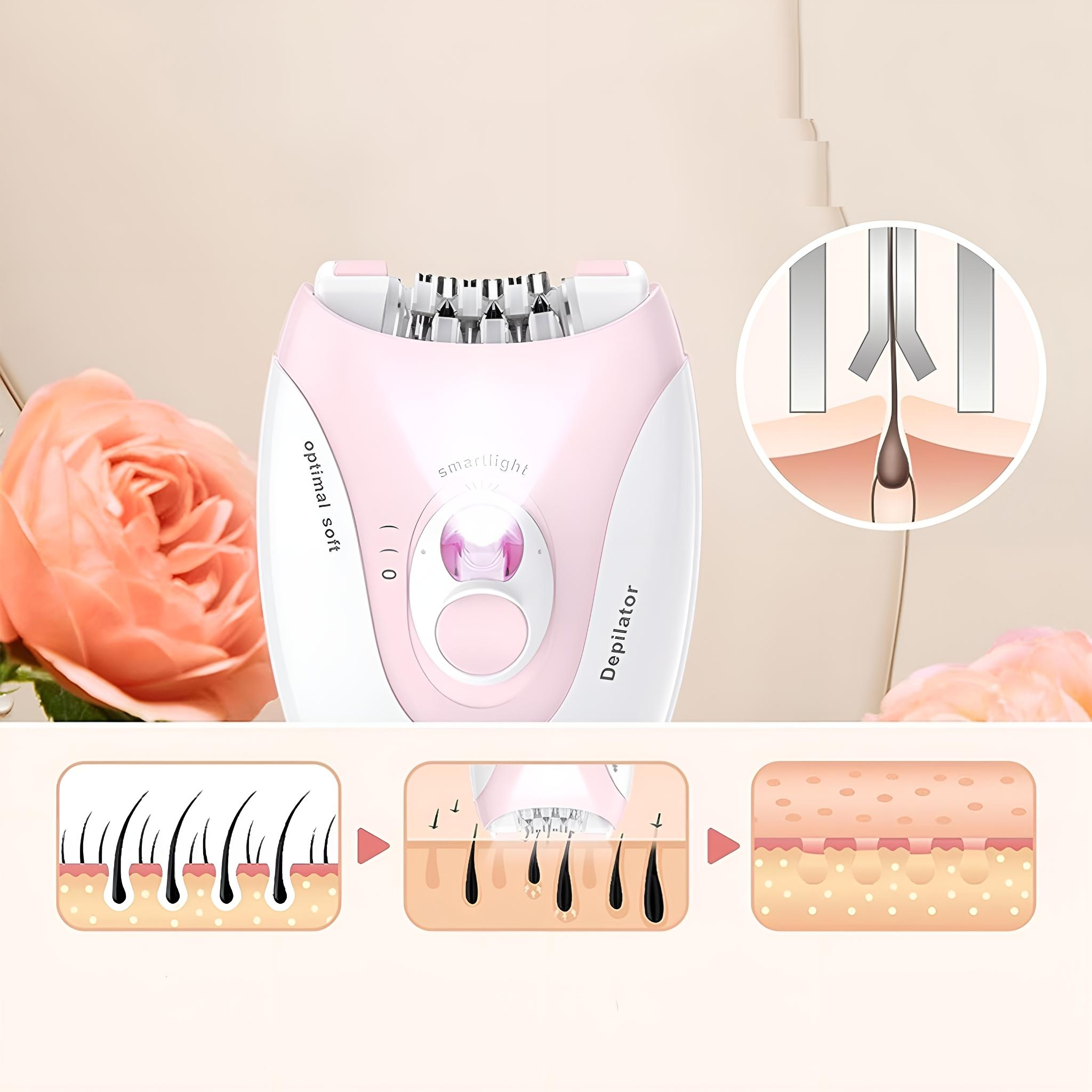 Ein Epilierer mit rosa und weißen Details mit Diagrammen, die den Haarentfernungsprozess zeigen.
