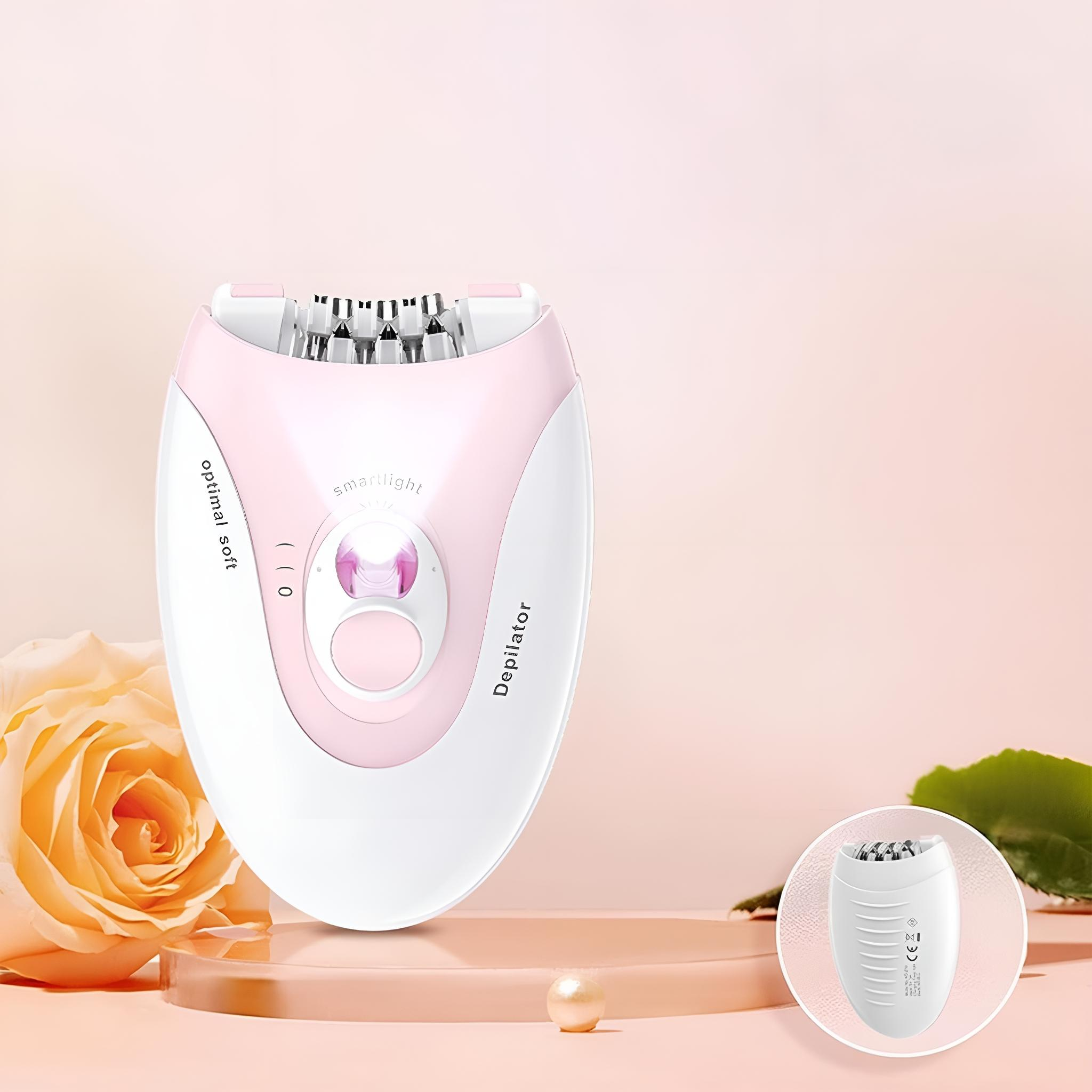 Ein Epilierer mit rosa und weißen Details, mit einer Rose und einem kleineren Produktbild auf einem Ständer.