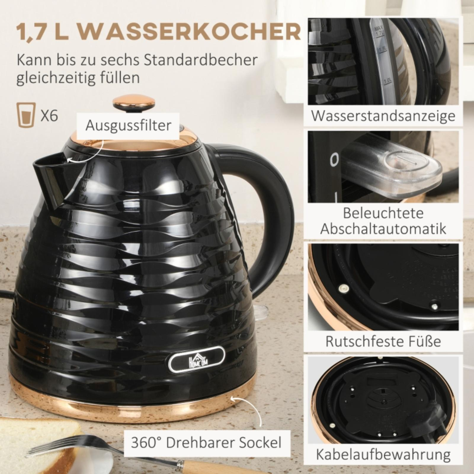Ein schwarzer Wasserkocher mit goldenen Akzenten. Etiketten kennzeichnen Funktionen wie Wasserstand und drehbaren Sockel.