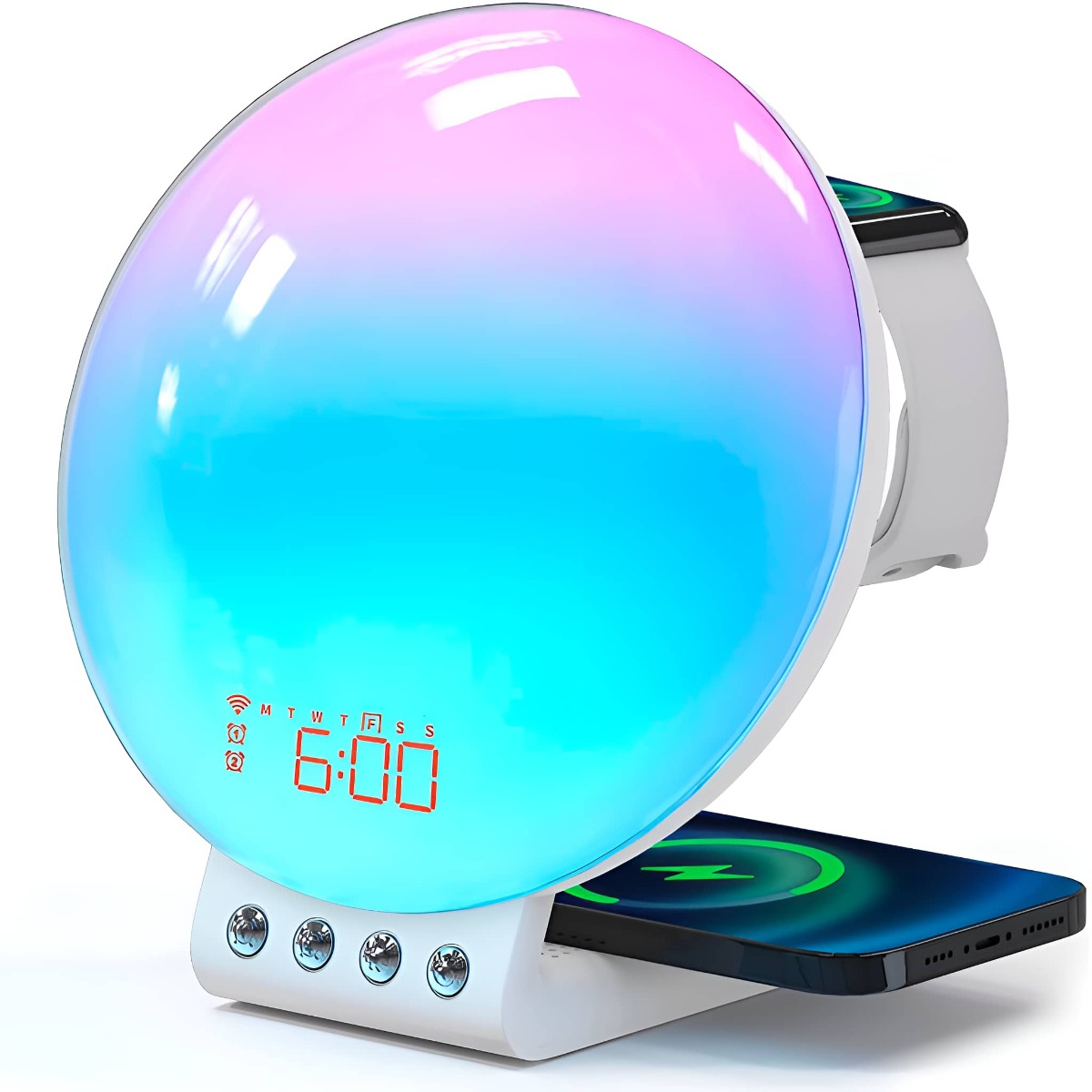 Weißer digitaler Wecker mit blauem bis rosa Farbverlauf, lädt Telefon und Uhr.