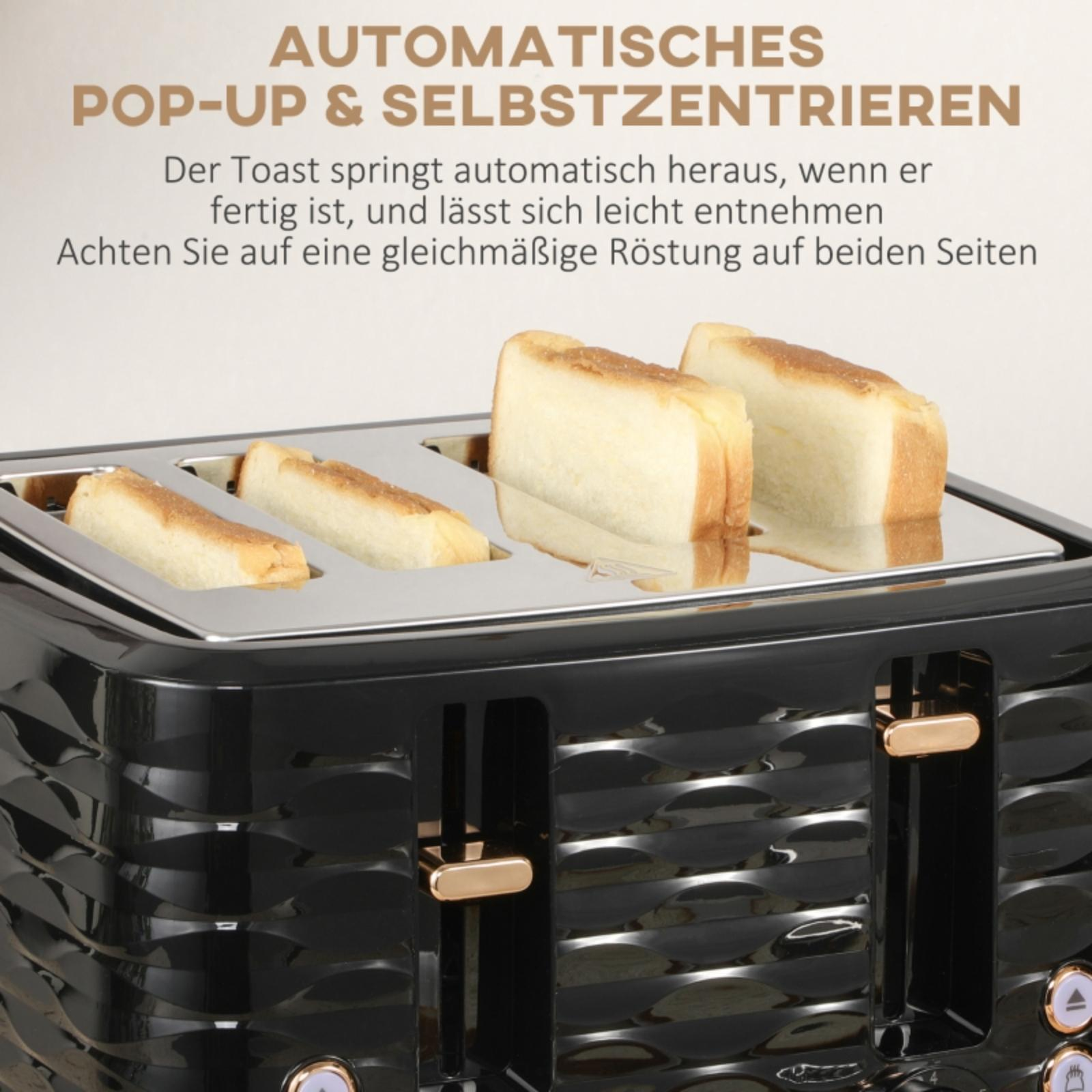 Ein schwarzer Toaster mit vier Toastscheiben. Text weist auf automatisches Aufspringen und Selbstzentrierung hin.