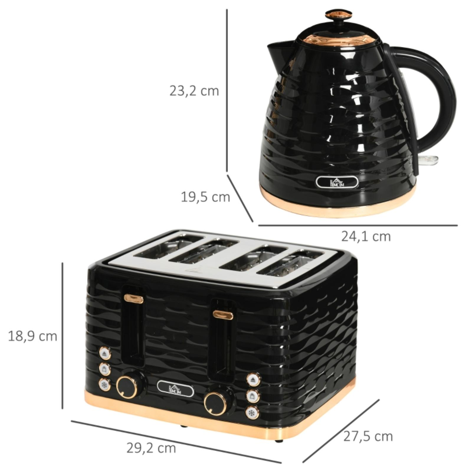 Schwarzer Toaster und Wasserkocher mit Maßangaben. Beide Artikel haben goldfarbene Akzente.