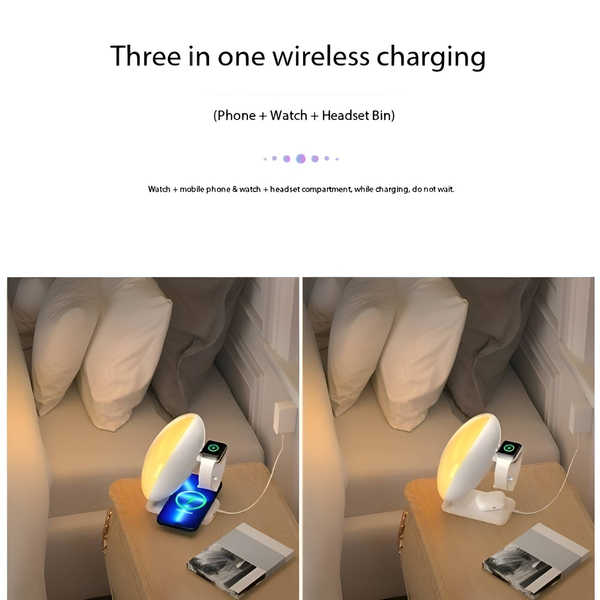 Zwei Nachttische mit Telefon, Uhr und Headset, die auf einem weißen Ständer geladen werden.