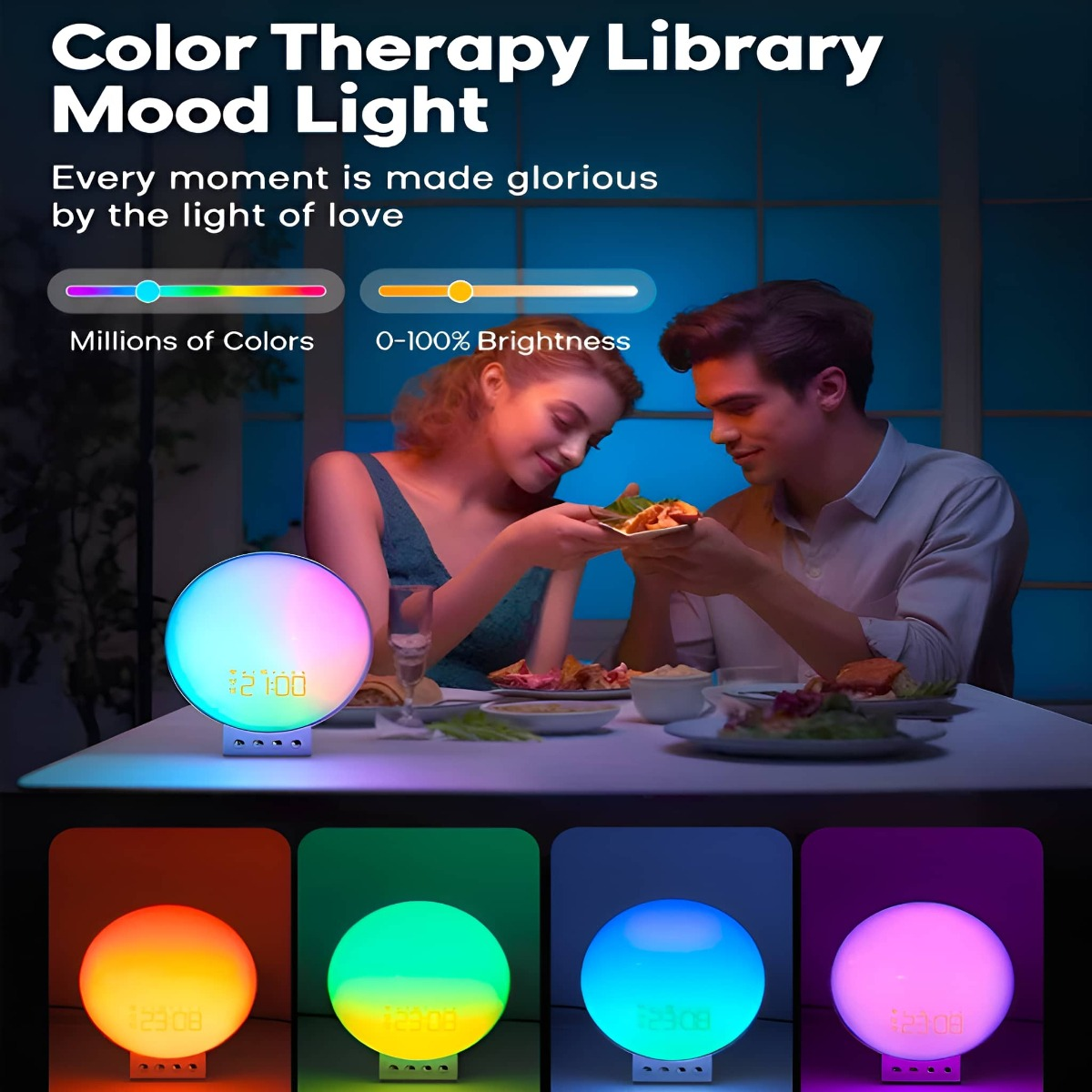 Ein Paar isst zu Abendessen in der Nähe einer Farbtherapielampe mit Farboptionen. Die Lampe zeigt verschiedene Farben an.