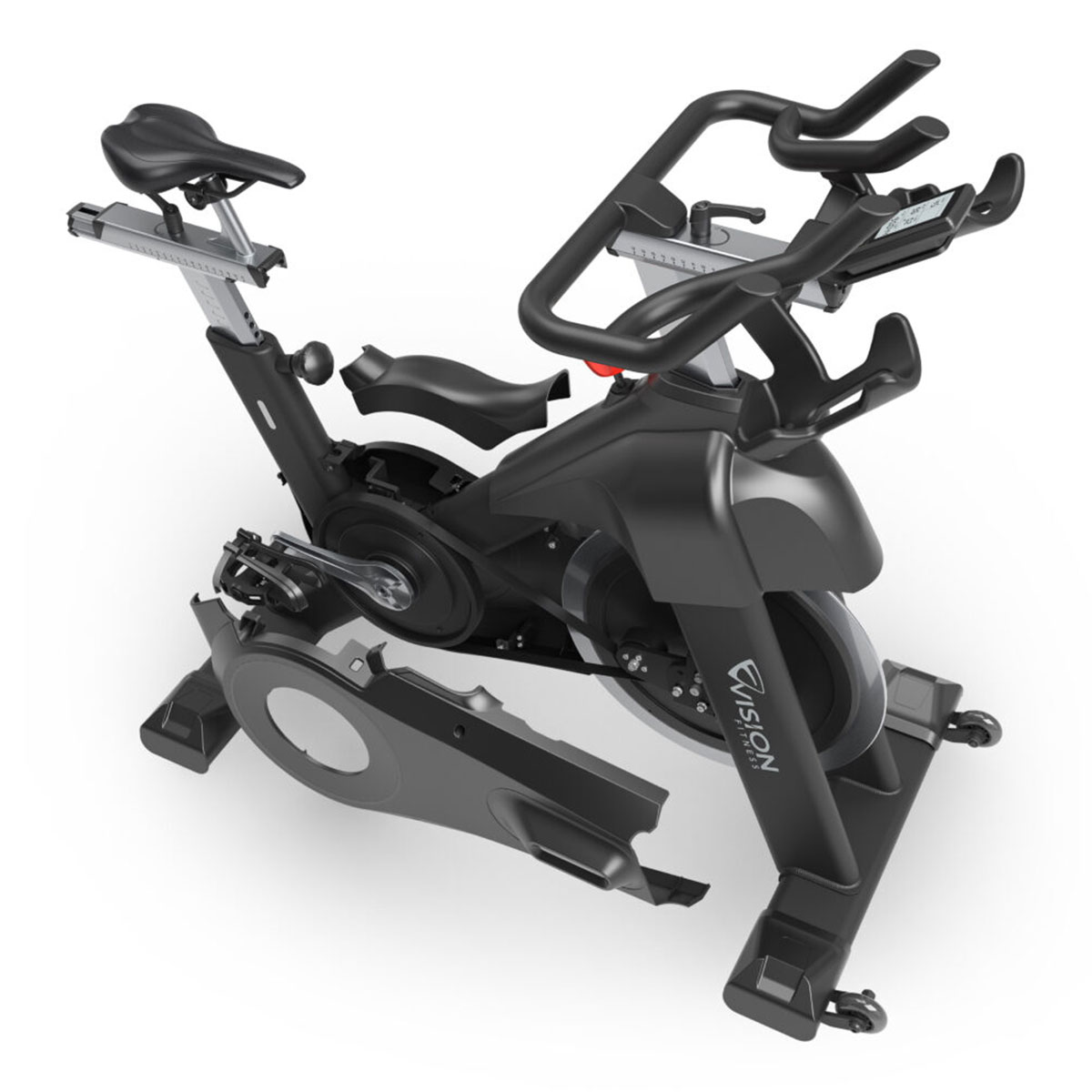 Ein Trainingsfahrrad, schwarz und silber, wird von oben gezeigt. Das Fahrrad ist teilweise zerlegt.