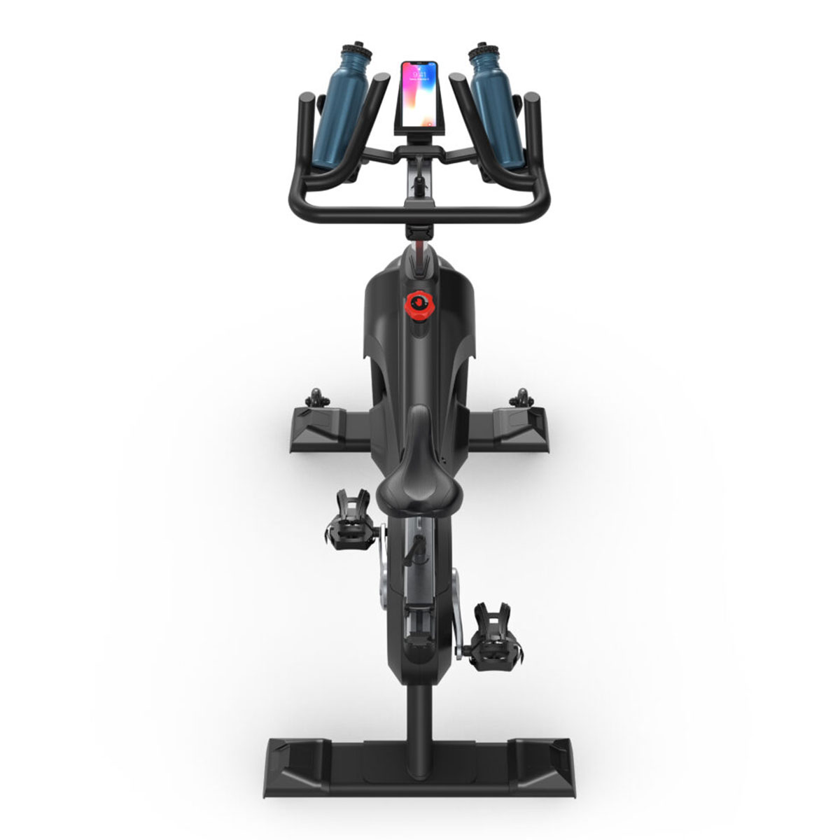 Ein stationäres Fahrrad von oben, mit einem Telefon und Wasserflaschen am Lenker. Weißer Hintergrund.