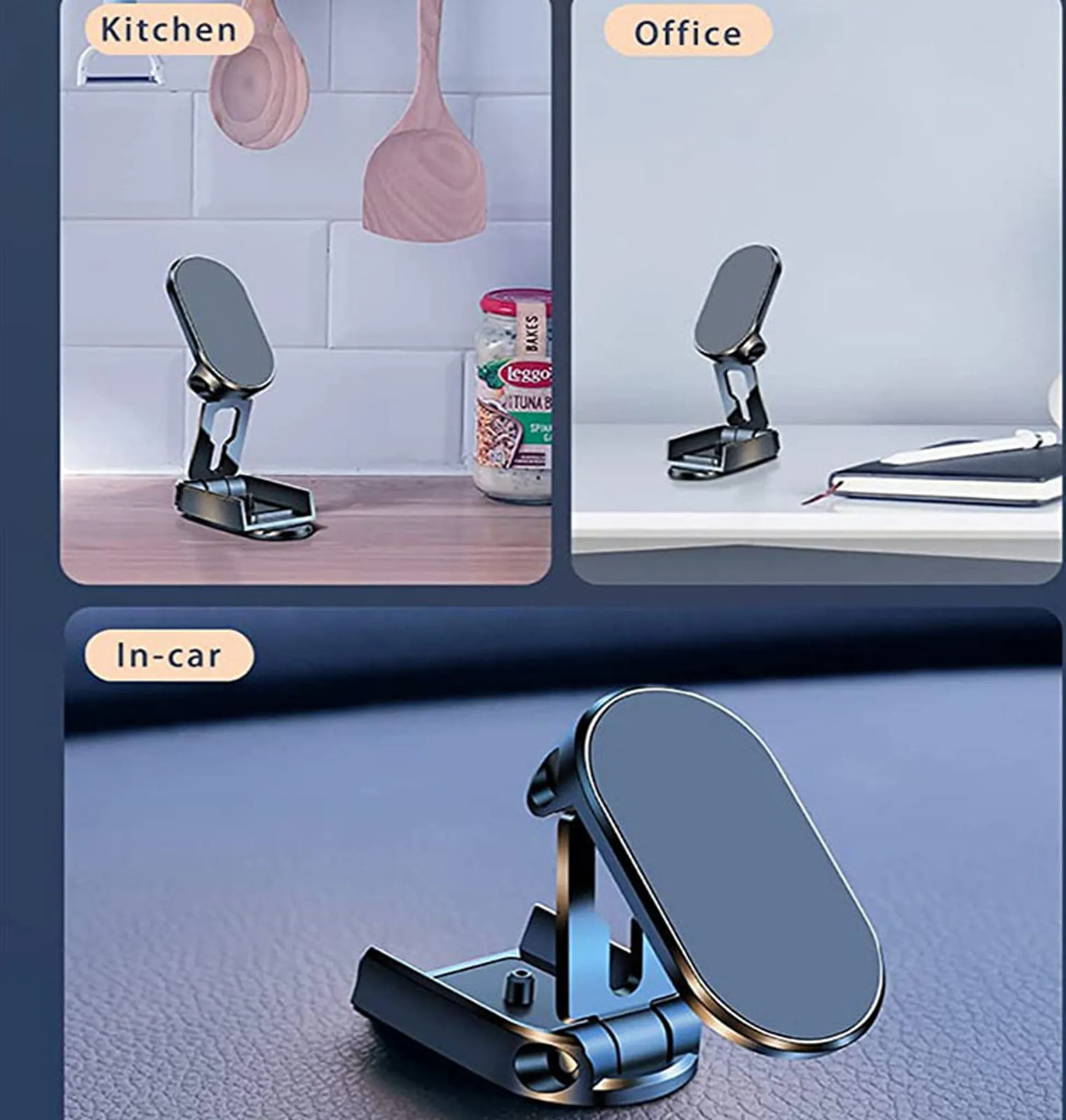 Ein schwarzer Autotelefonhalter wird in einer Küche, einem Büro und in einem Fahrzeug gezeigt, um seine Vielseitigkeit zu demonstrieren.