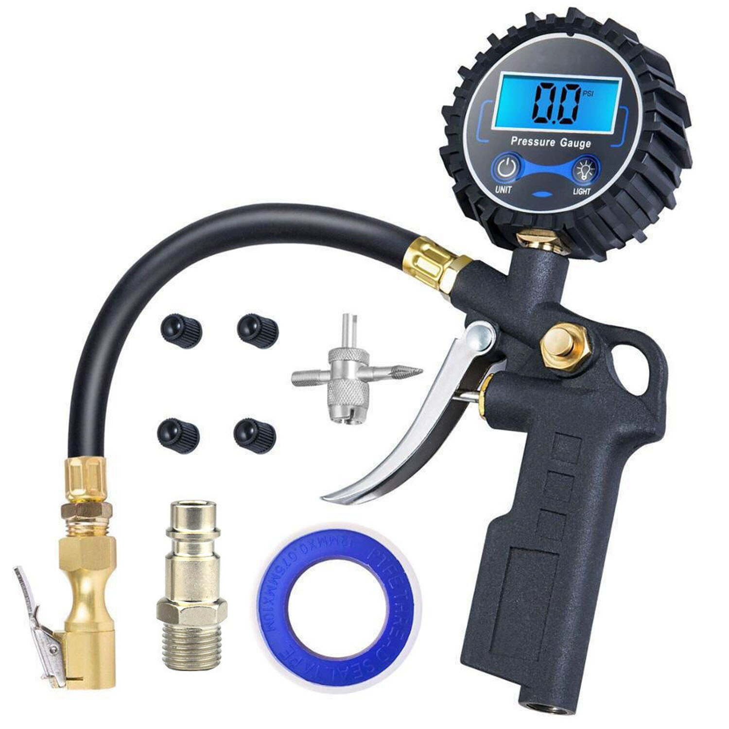Ein schwarzes und silbernes digitales Manometer mit verschiedenen Aufsätzen. Das Messgerät zeigt 0,0 PSI an.
