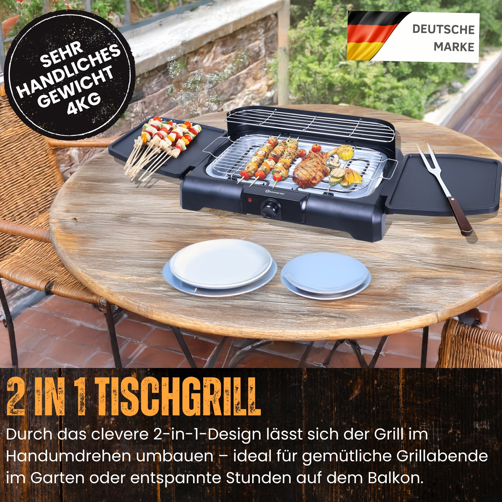2-in-1-Tischgrill auf einem Holztisch. Enthält Lebensmittel, Teller und Text auf Deutsch. 'Deutsche Marke' ist sichtbar.