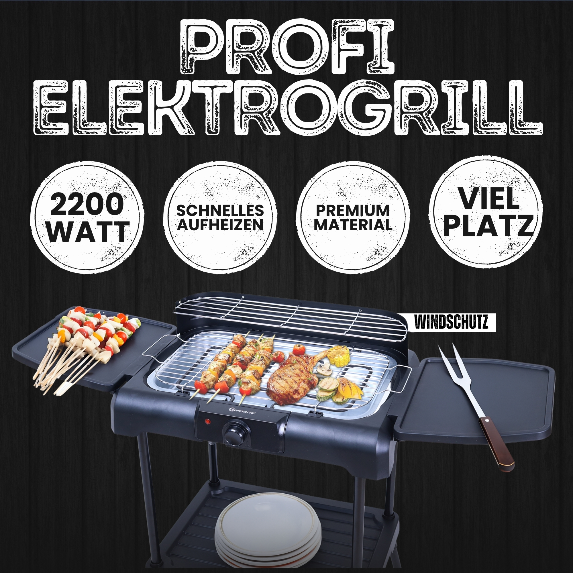Schwarzer Elektrogrill mit Essen und Zubehör. Text lautet 'PROFI ELEKTRO GRILL' und beschreibt Eigenschaften.