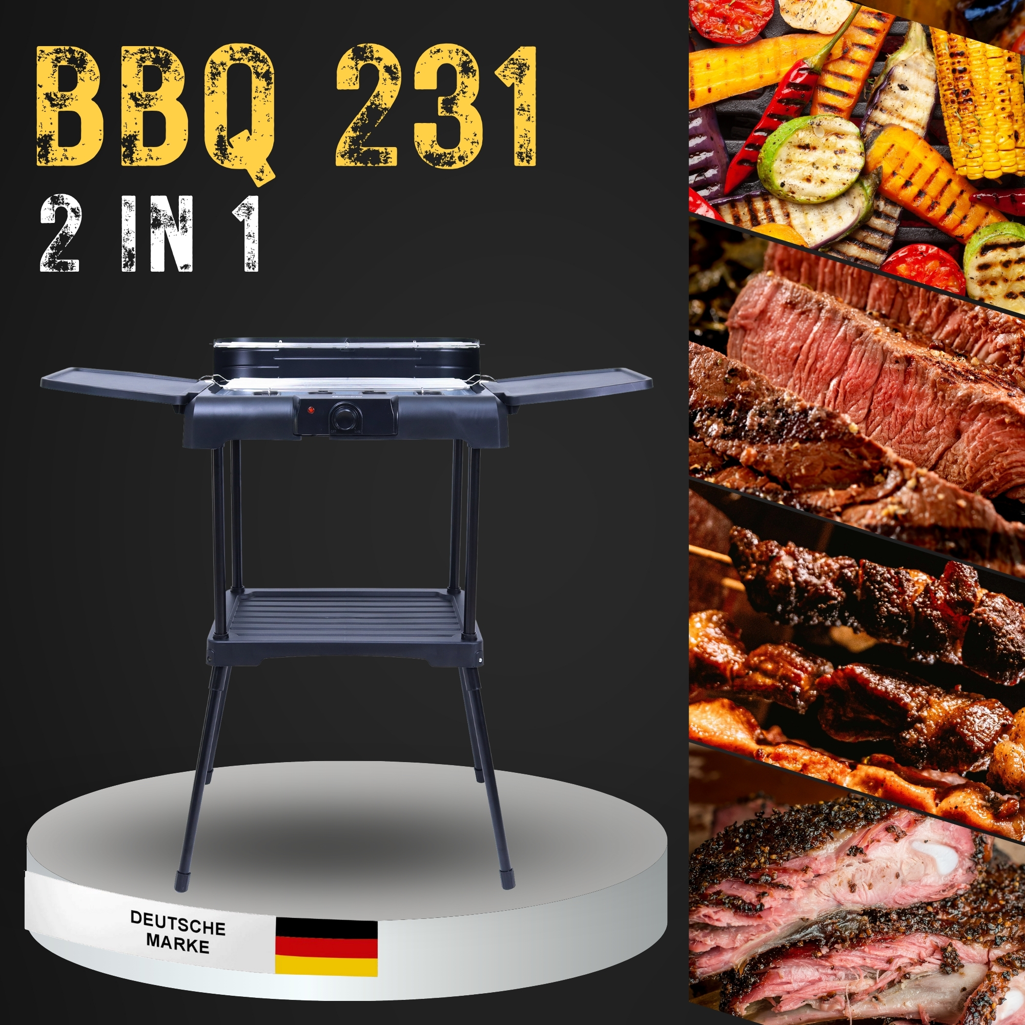 BBQ-Grill mit Bildern von Essen. Grill auf einem weißen Ständer. Text: 'BBQ 231 2 in 1' und 'Deutsche Marke'.