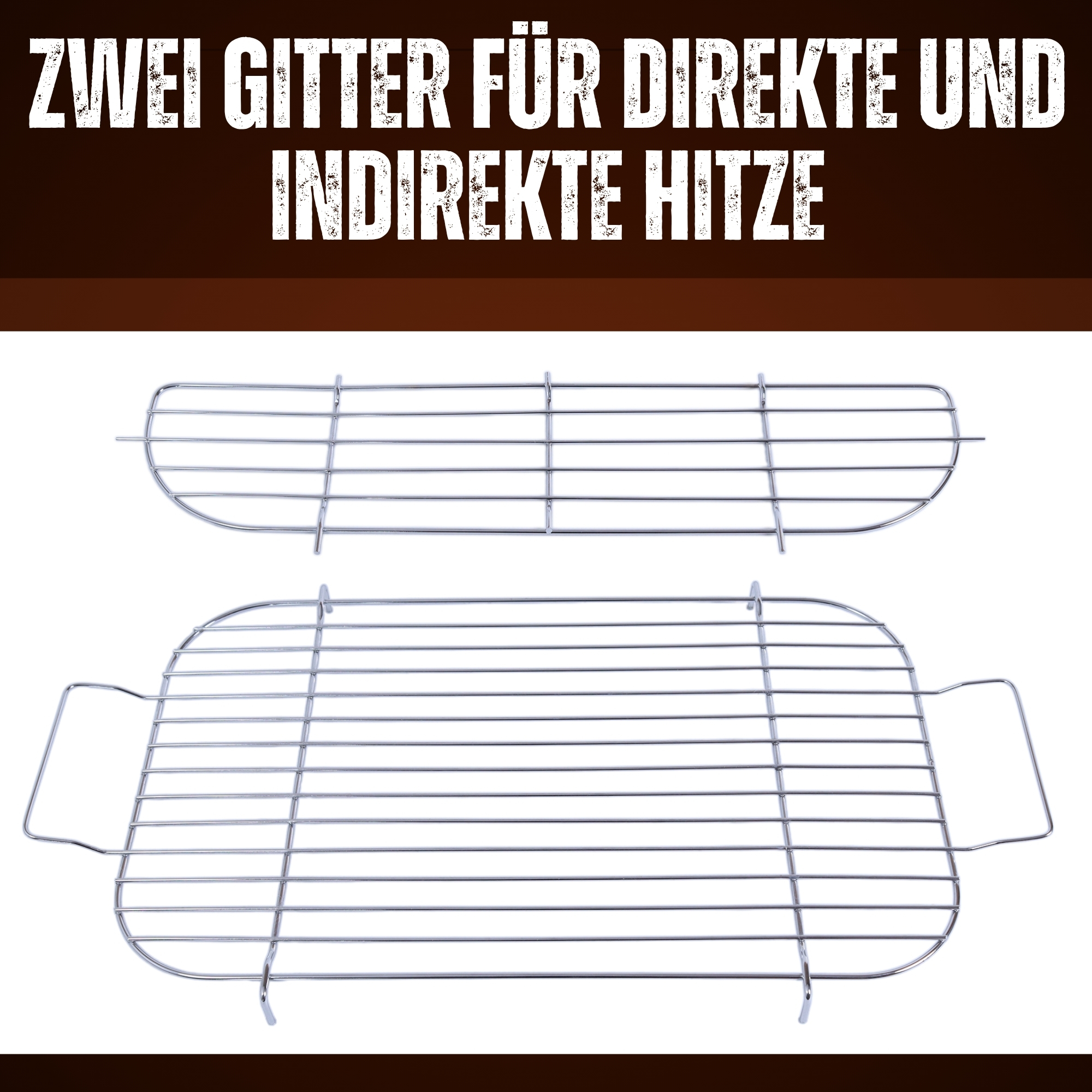 Zwei Metall-Grillroste. Das obere ist gebogen, das untere rechteckig. Weißer Hintergrund, brauner Text.