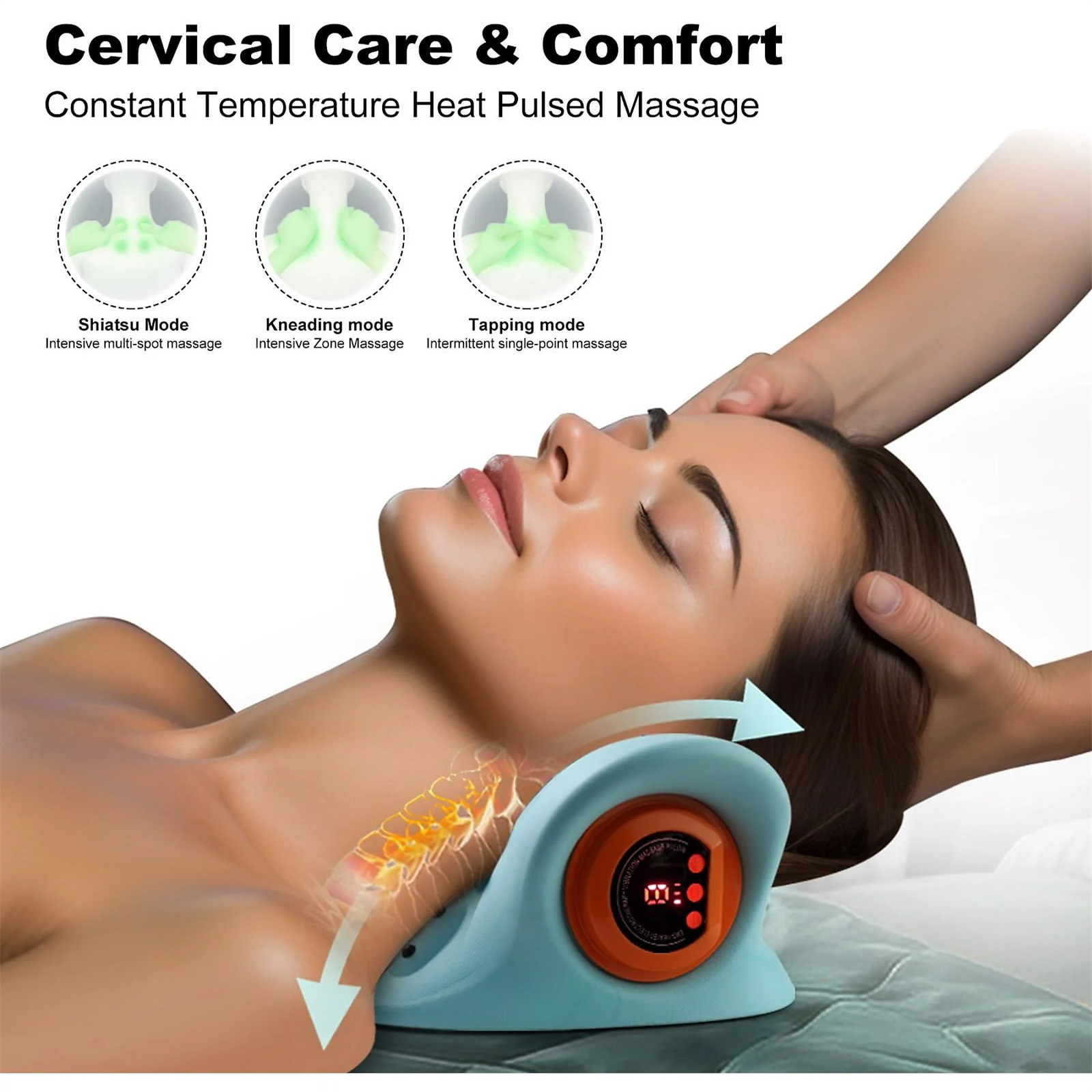 Eine Frau erhält eine Nackenmassage mit einem Gerät, das Shiatsu-, Knet- und Klopfmodi mit Diagrammen zeigt.