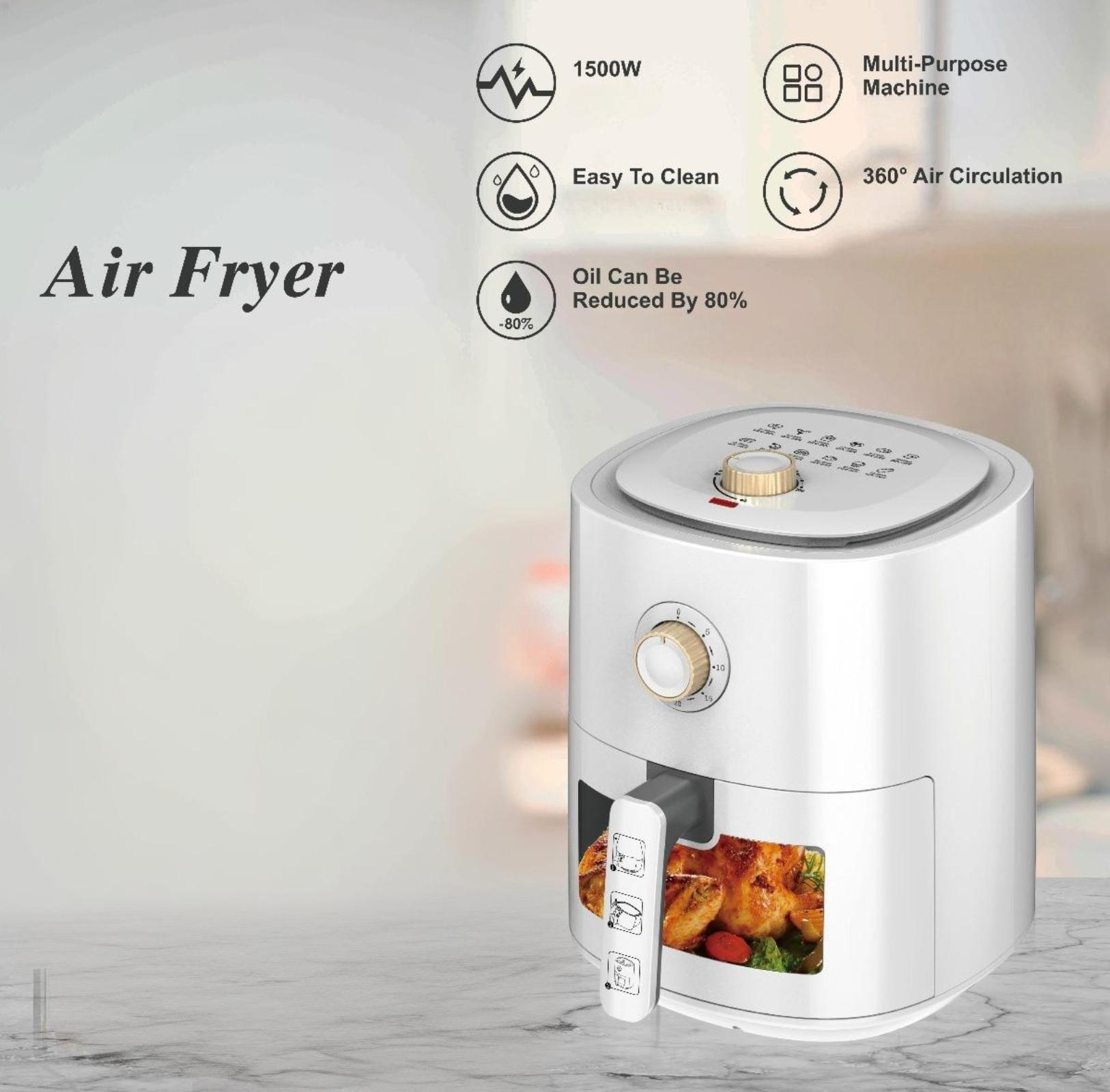 Eine weiße Heißluftfritteuse mit Bedienfeld zeigt Funktionen wie 360° Luftzirkulation.