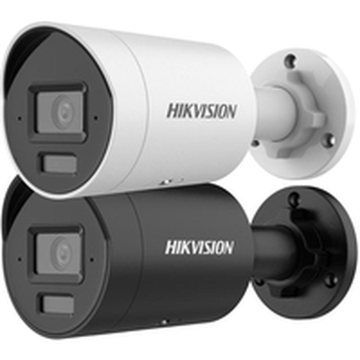 Zwei schwarz-weiße Sicherheitskameras sind an einer Wand montiert. Hikvision ist darauf gedruckt.