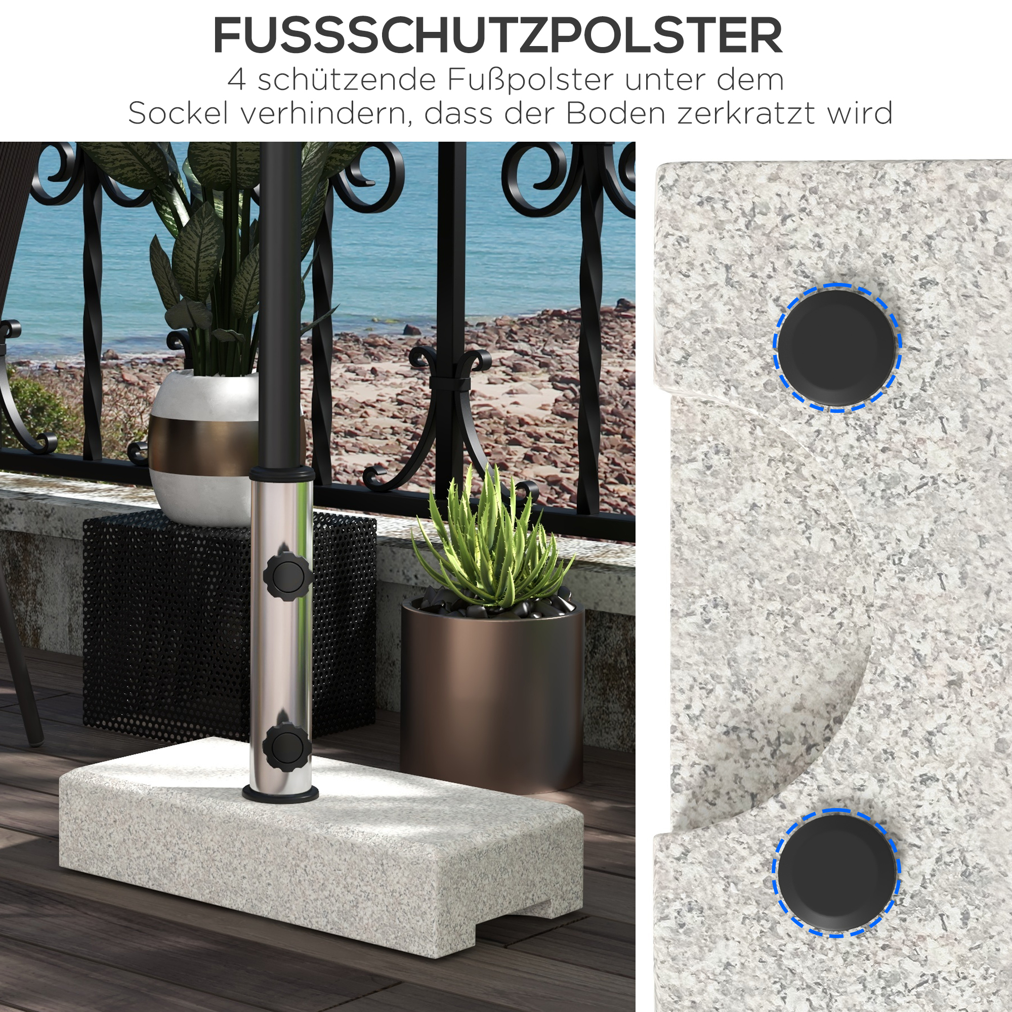 Nahaufnahme eines Terrassensockels mit zwei schwarzen, kreisförmigen Pads. Pflanzen und ein Schirm sind sichtbar.