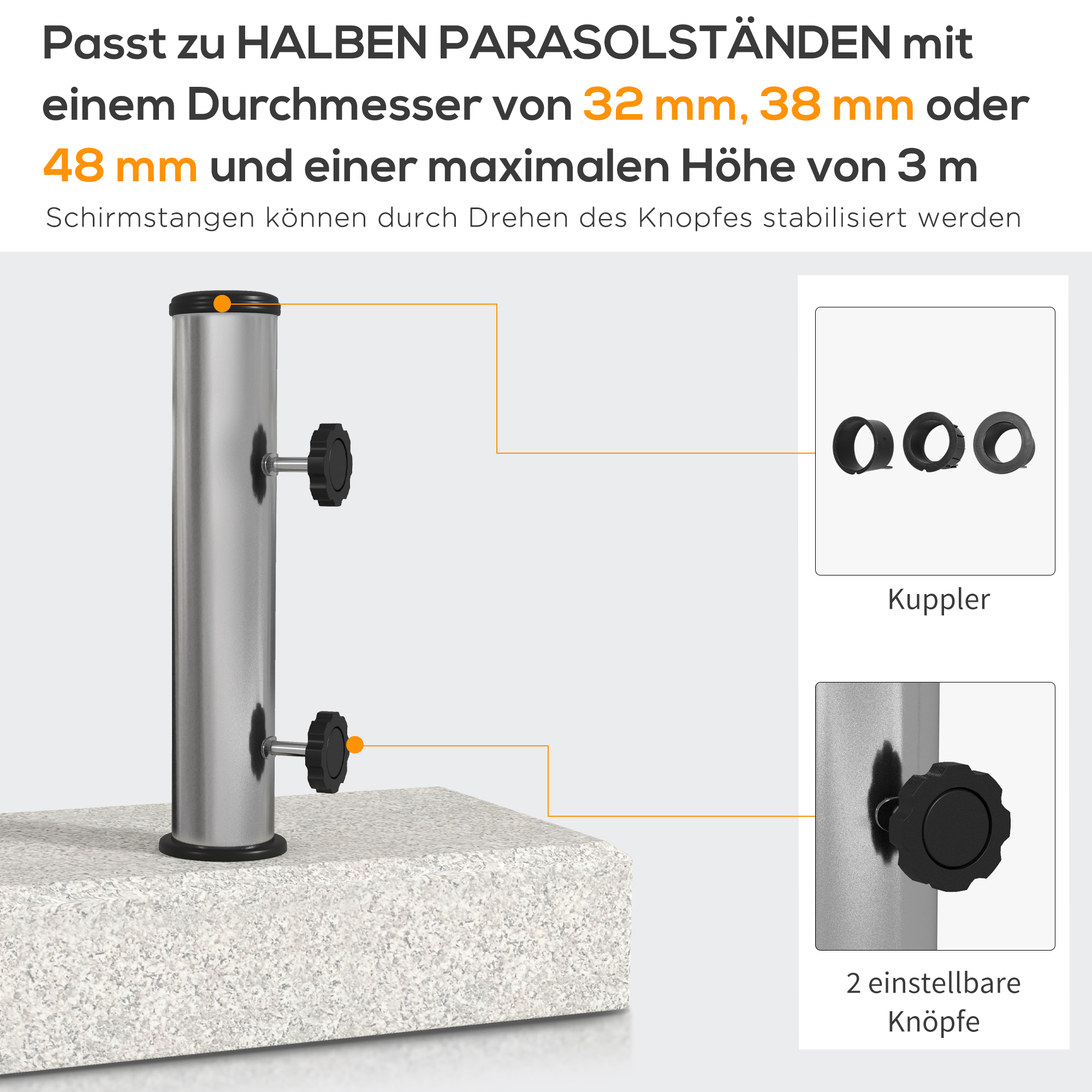 Diagramm, das eine Stange mit verstellbaren Knöpfen, Maßen und Durchmesseroptionen zeigt.
