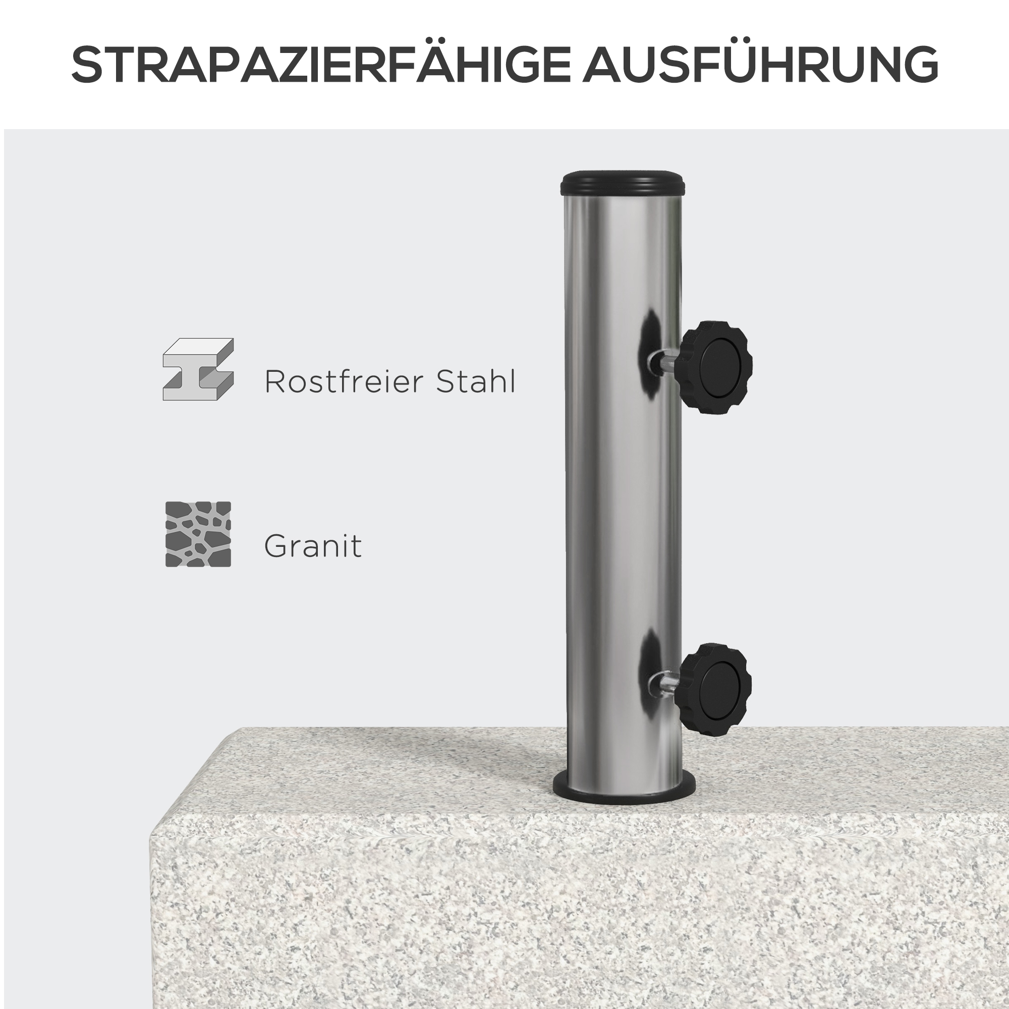 Diagramm einer Stange mit verstellbaren Knöpfen, aus Edelstahl und Granitbasis.