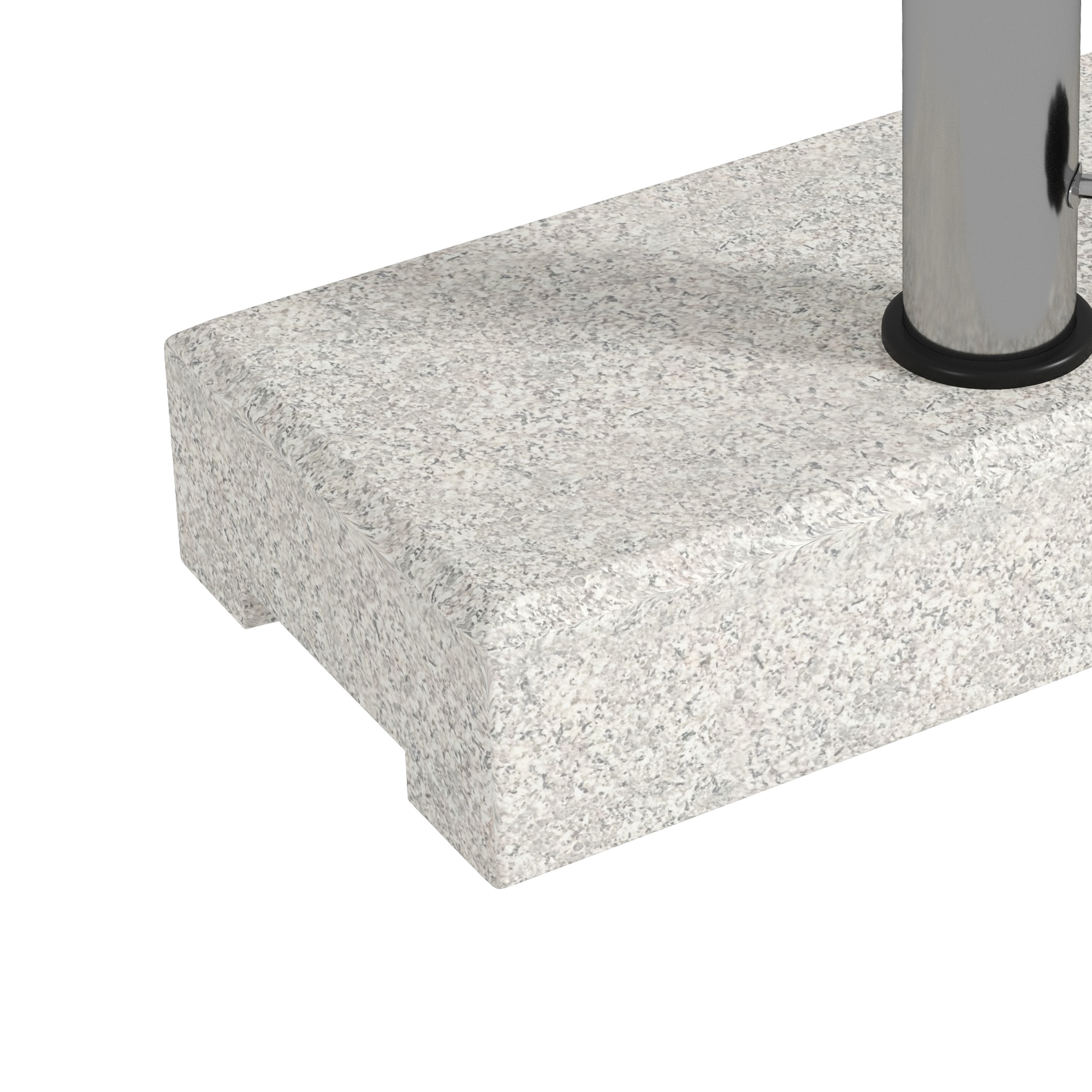 Nahaufnahme eines Granit-Terrassensockels mit einer Edelstahlstange und einem schwarzen Gummiring.