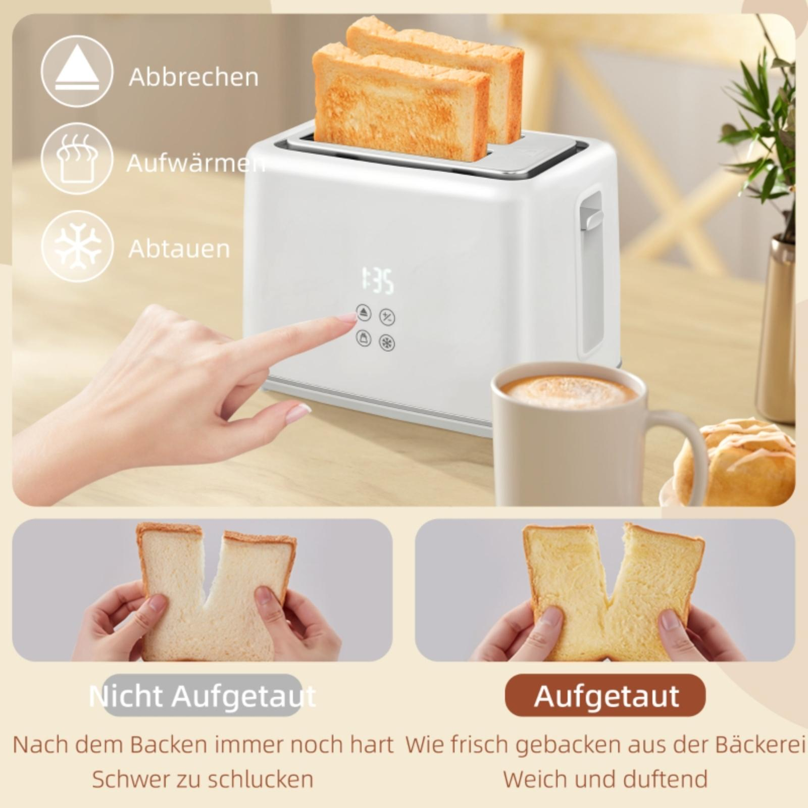 Ein Toaster, der die Toast- und Auftau-Einstellungen und Brotscheiben zeigt. Eine Tasse Kaffee ist vorhanden.