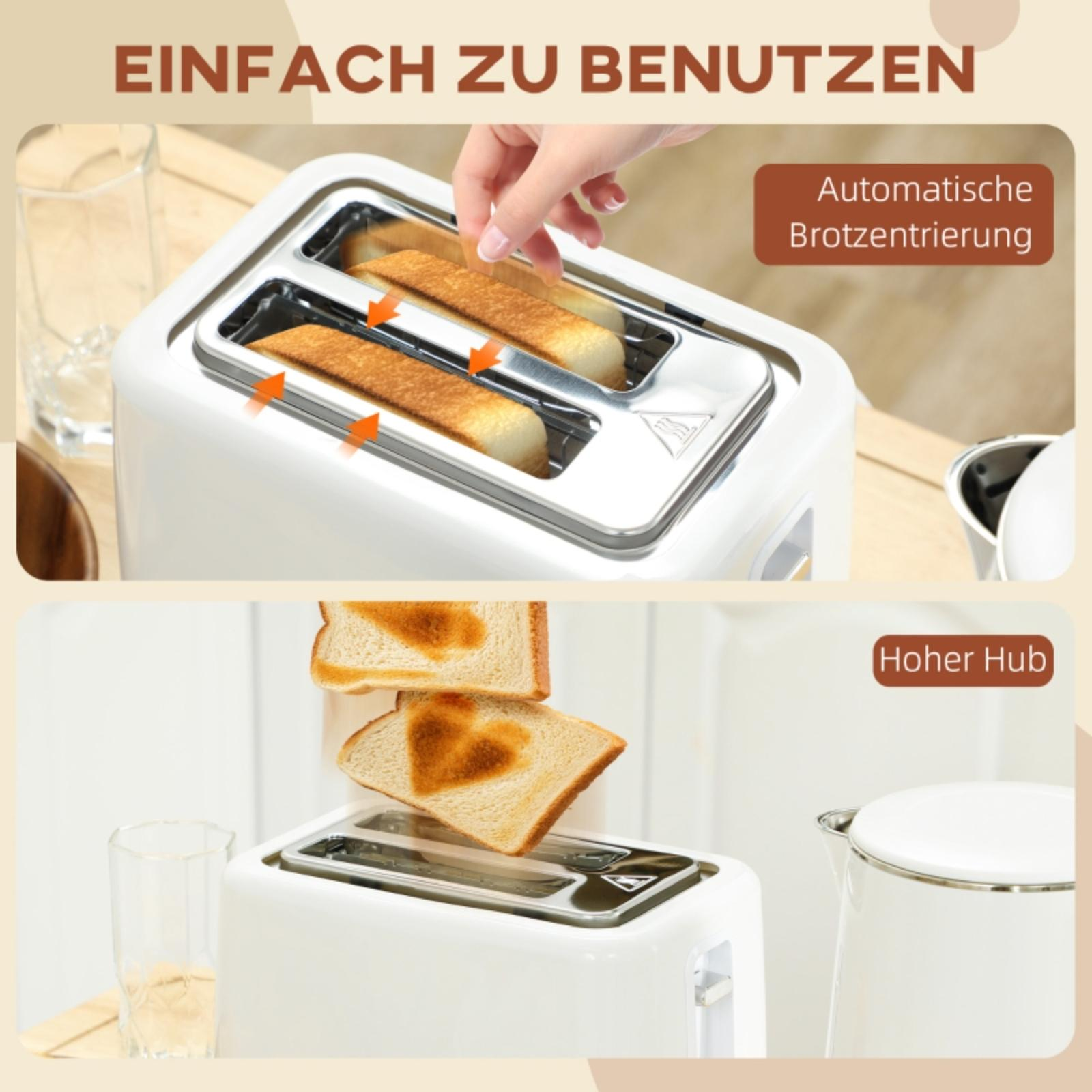 Ein weißer Toaster mit herausspringendem Toast. Eine Hand wird gezeigt, die Brot einlegt.