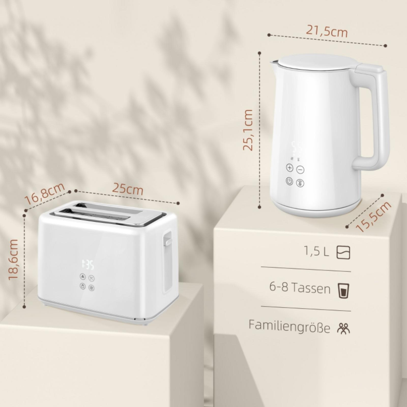 Ein weißer Toaster und ein weißer elektrischer Wasserkocher mit Maßangaben für Abmessungen und Kapazität.