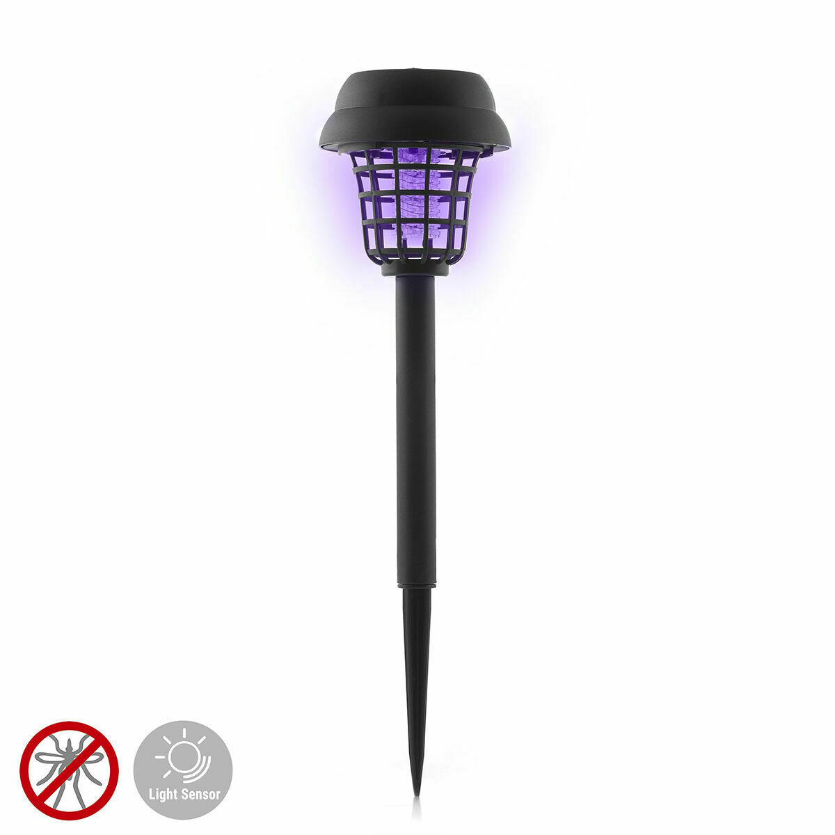 Una lampada antizanzare nera con una luce viola all'interno della sua gabbia, su uno sfondo bianco.