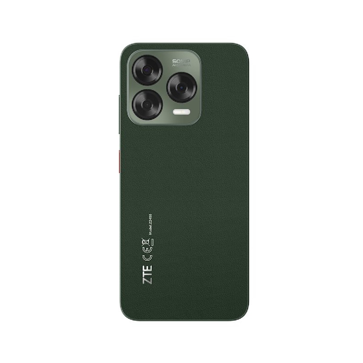 Tył zielonego smartfona z obiektywami aparatu, logo ZTE i numerem modelu.