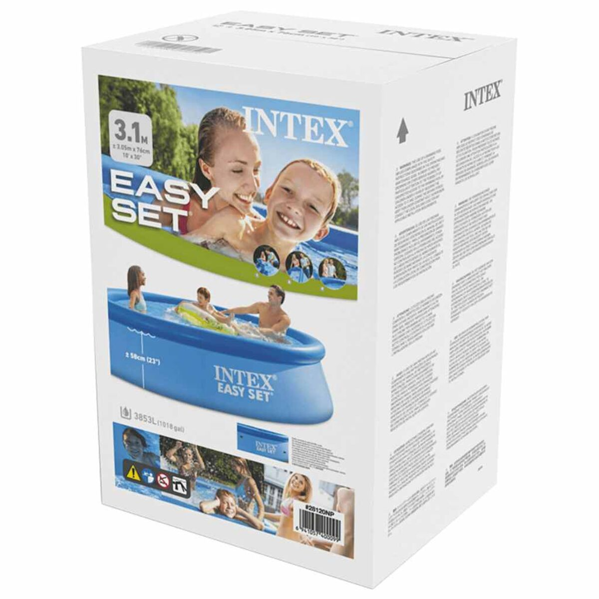 Una caja blanca con imágenes de una piscina inflable azul con gente, y la marca 'INTEX EASY SET'.