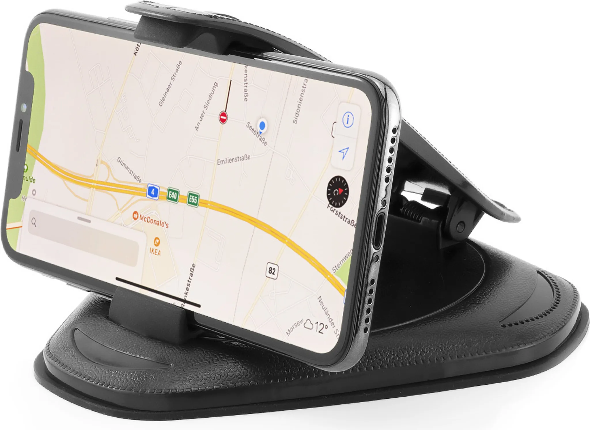 Ein Smartphone mit einer Karte ist an einer schwarzen Armaturenbrett-Halterung befestigt.