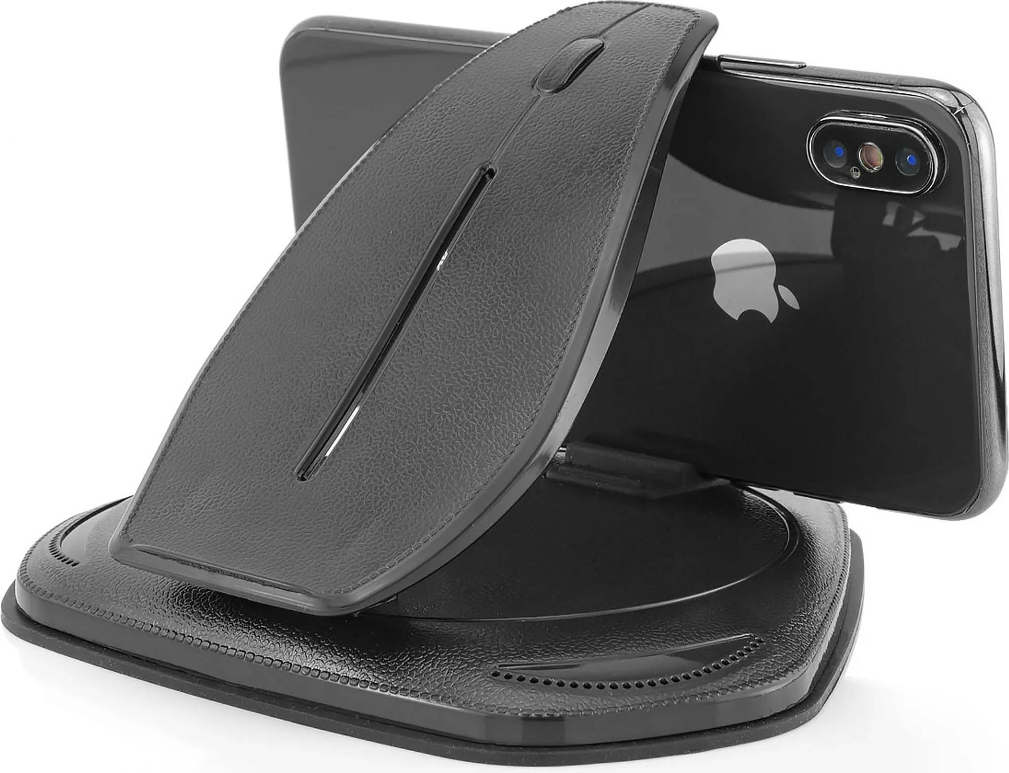 Ein schwarzes Telefon auf einer schwarzen Armaturenbrett-Halterung. Die Rückseite des Telefons ist sichtbar. Die Halterung ist abgewinkelt.
