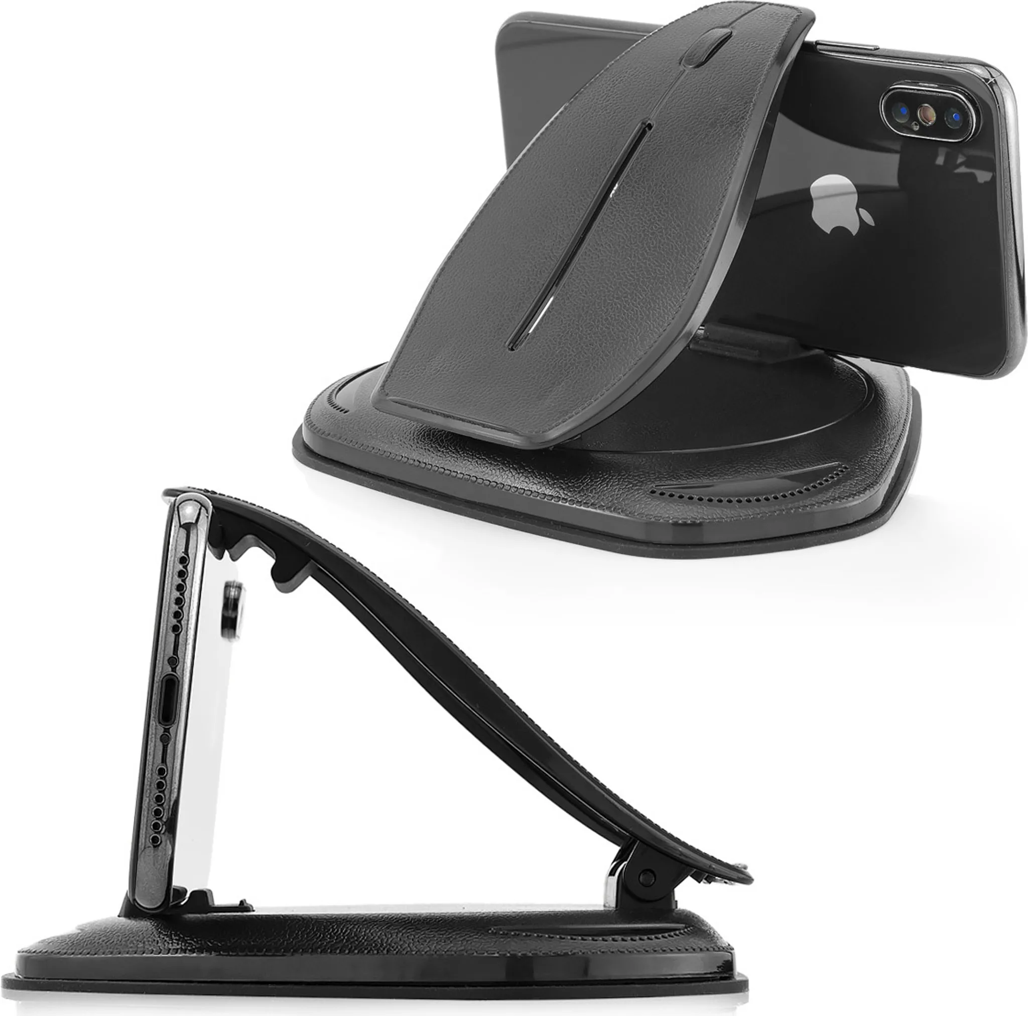 Ein schwarzer Telefonhalter in zwei Ansichten, eine mit angebrachtem Telefon und ein Seitenprofil, auf weißem Hintergrund.